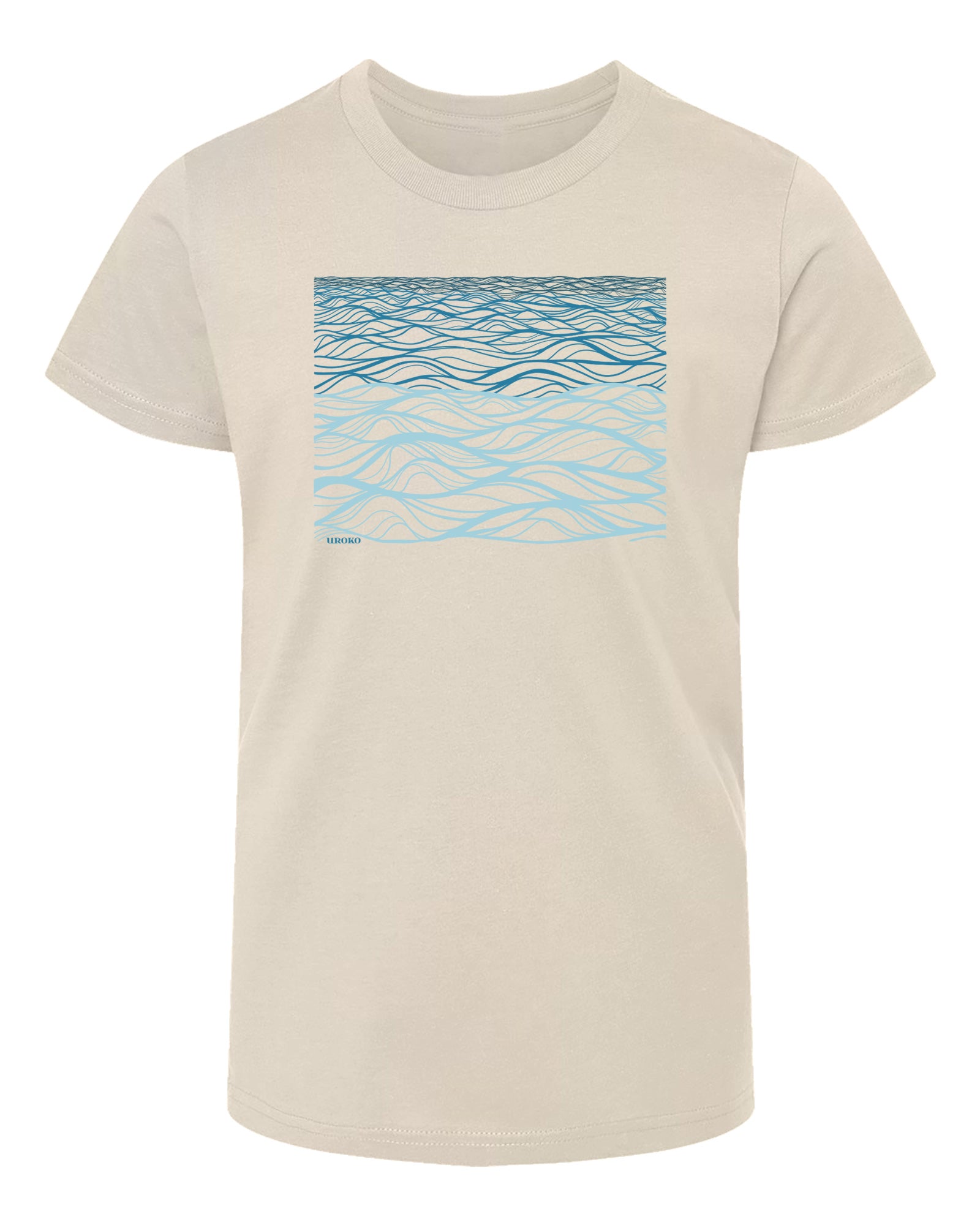 Beige youth t-shirt with blue wavy pattern on a white background
