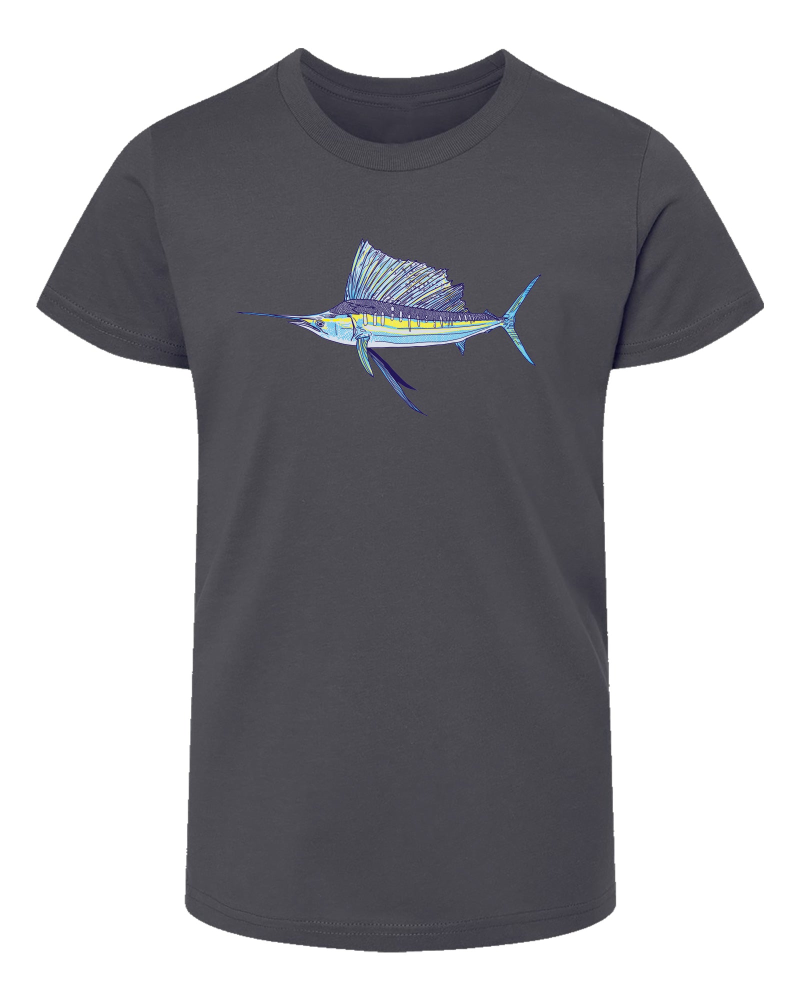 Dark gray youth t-shirt with a sailfish graphic on a white background