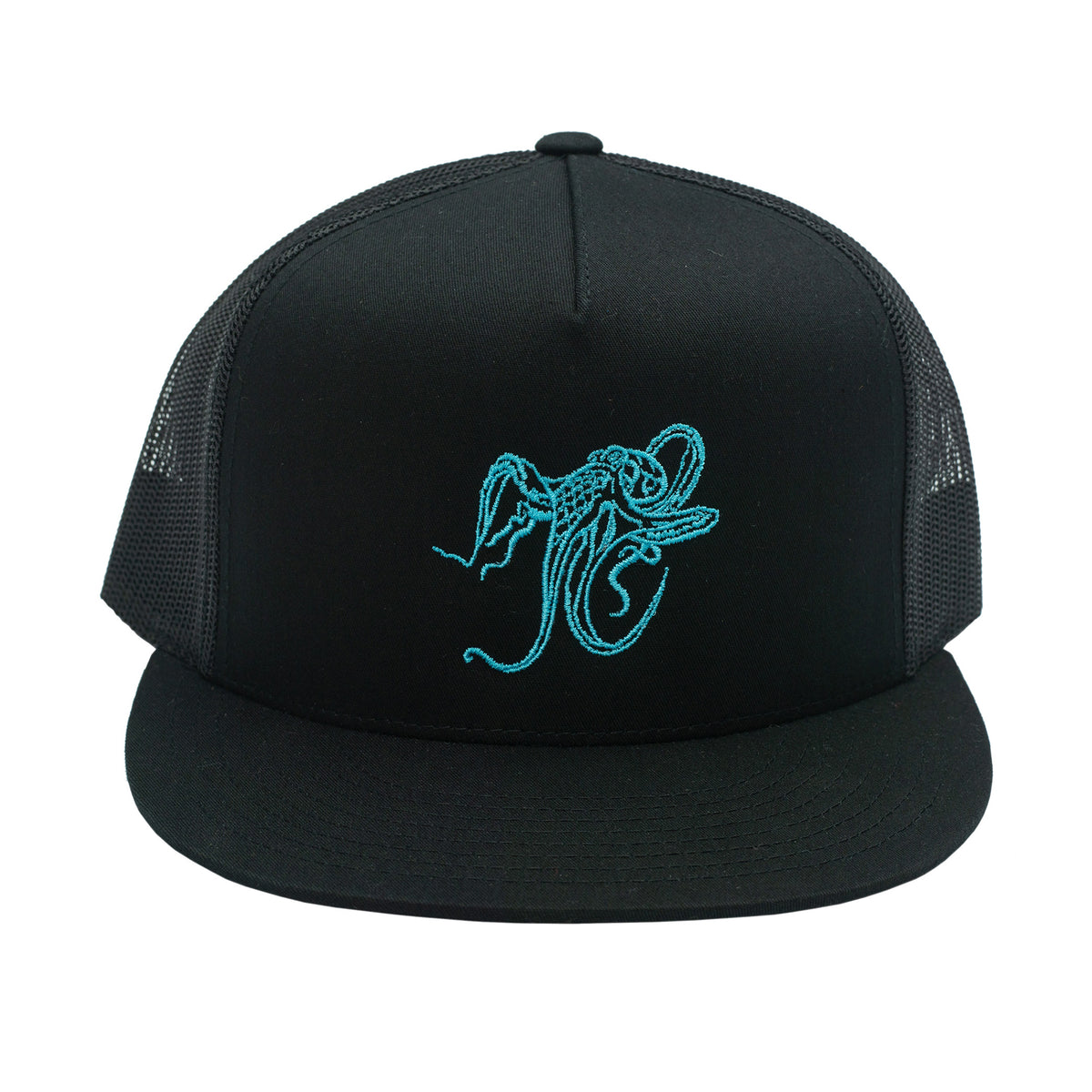 Giant Pacific Octopus Trucker Hat in Black with Blue Embroidery