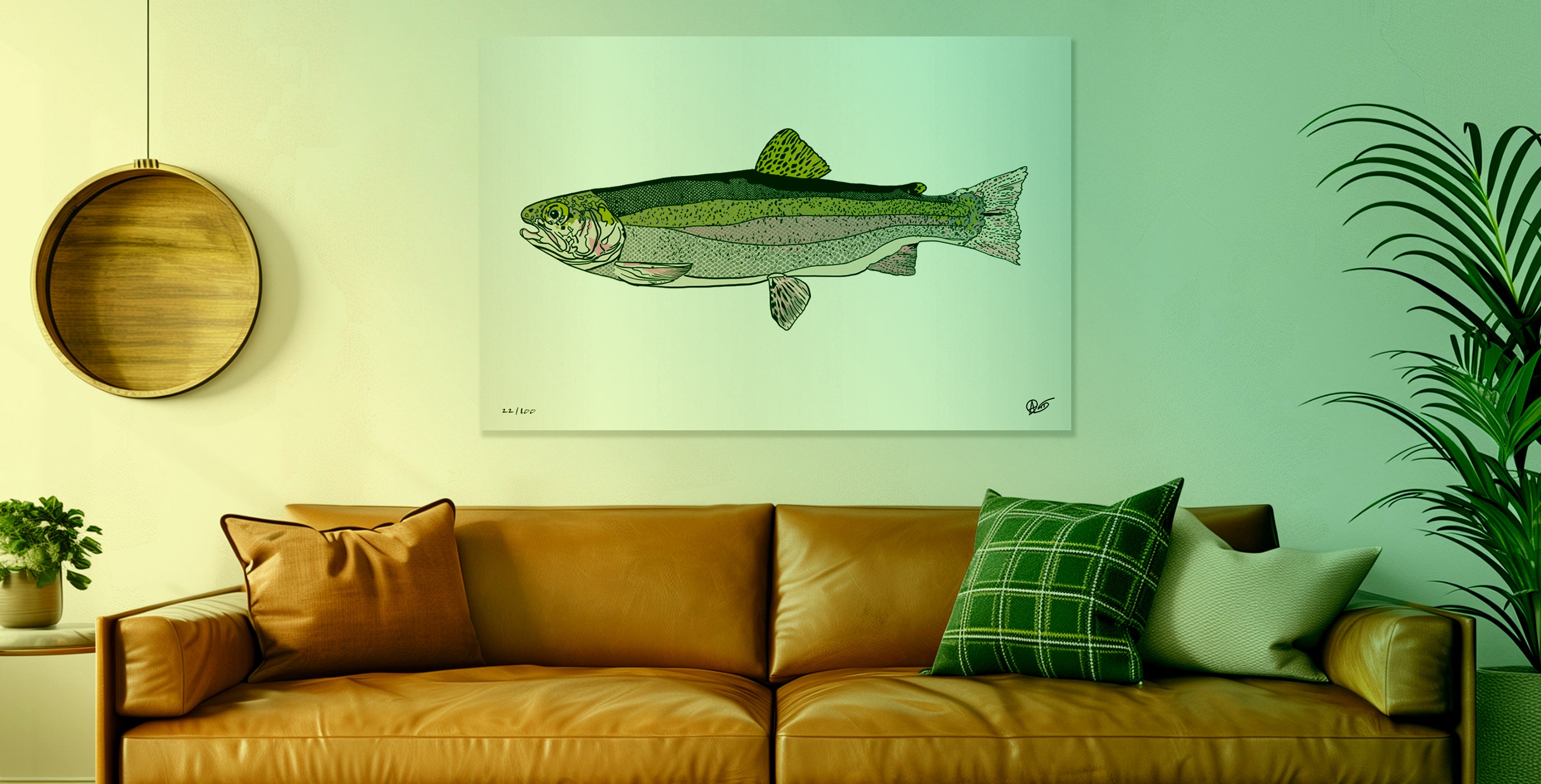 Rainbow trout print with a green gradient