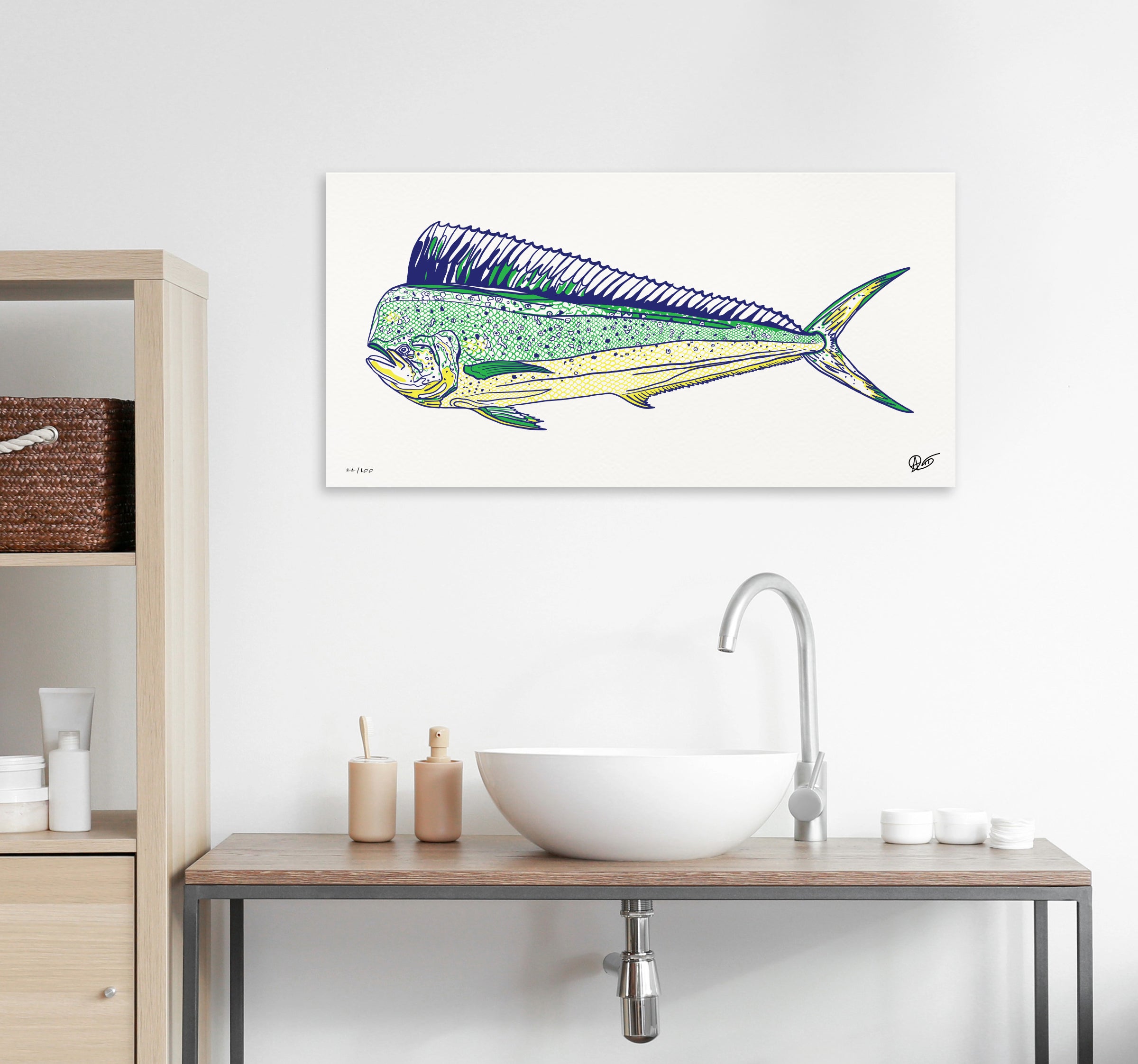Dorado print on a wall above a kitchen sink with wooden cabinets.