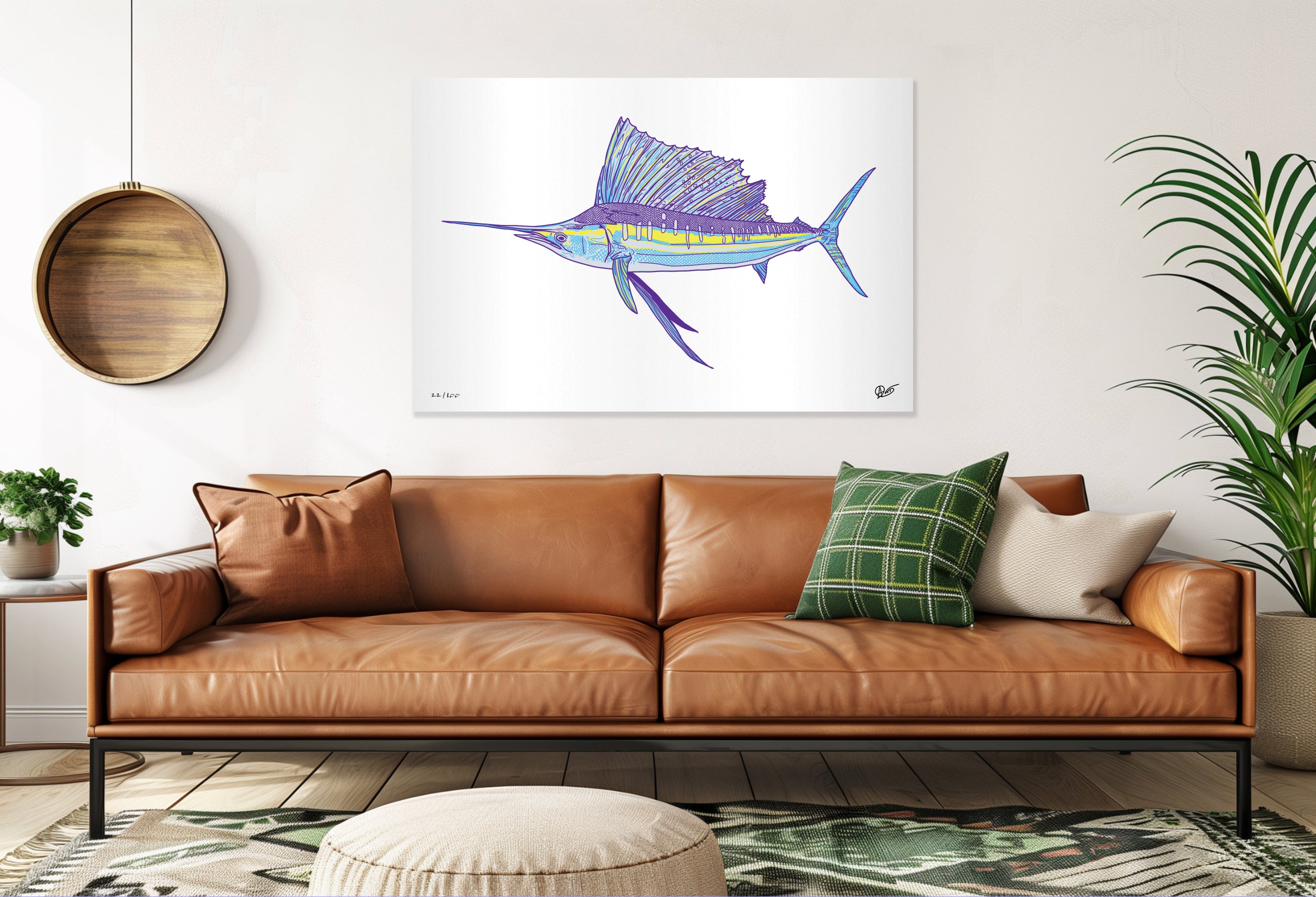 Brown leather sofa with decorative pillows in a living room setting, featuring a colorful sailfish metal print on the wall.