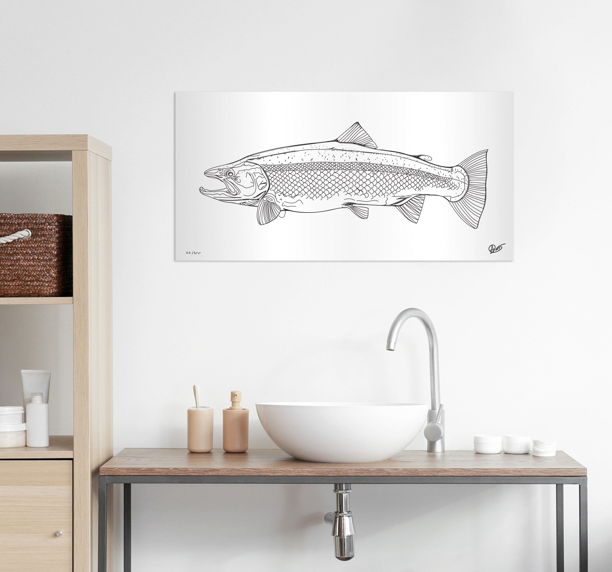 steelhead metal print in a bathroom