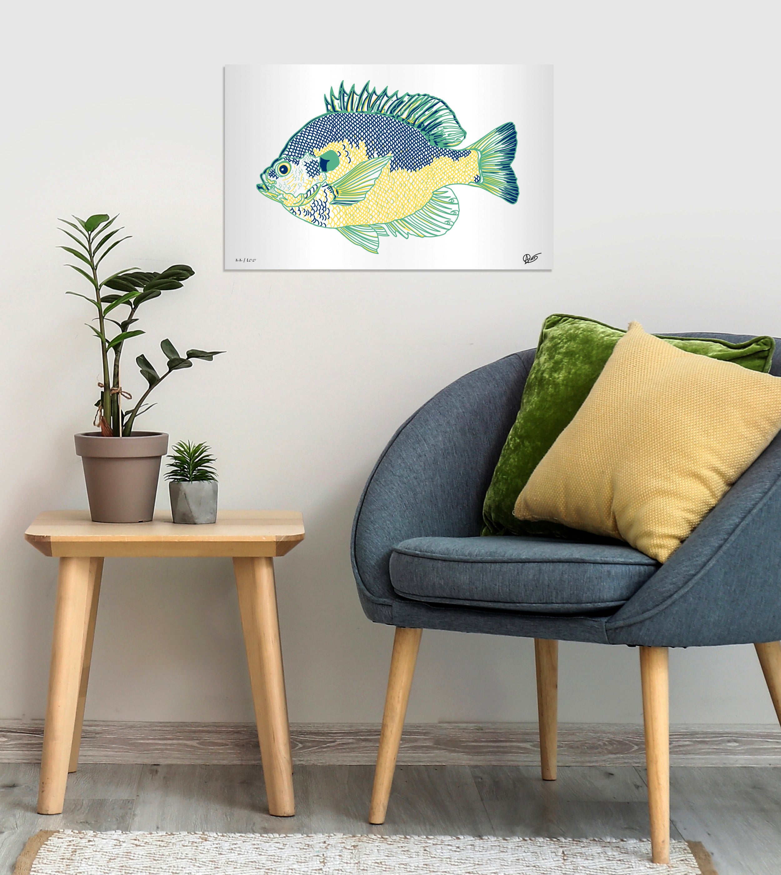 Modern interior with a Bluegill metal print