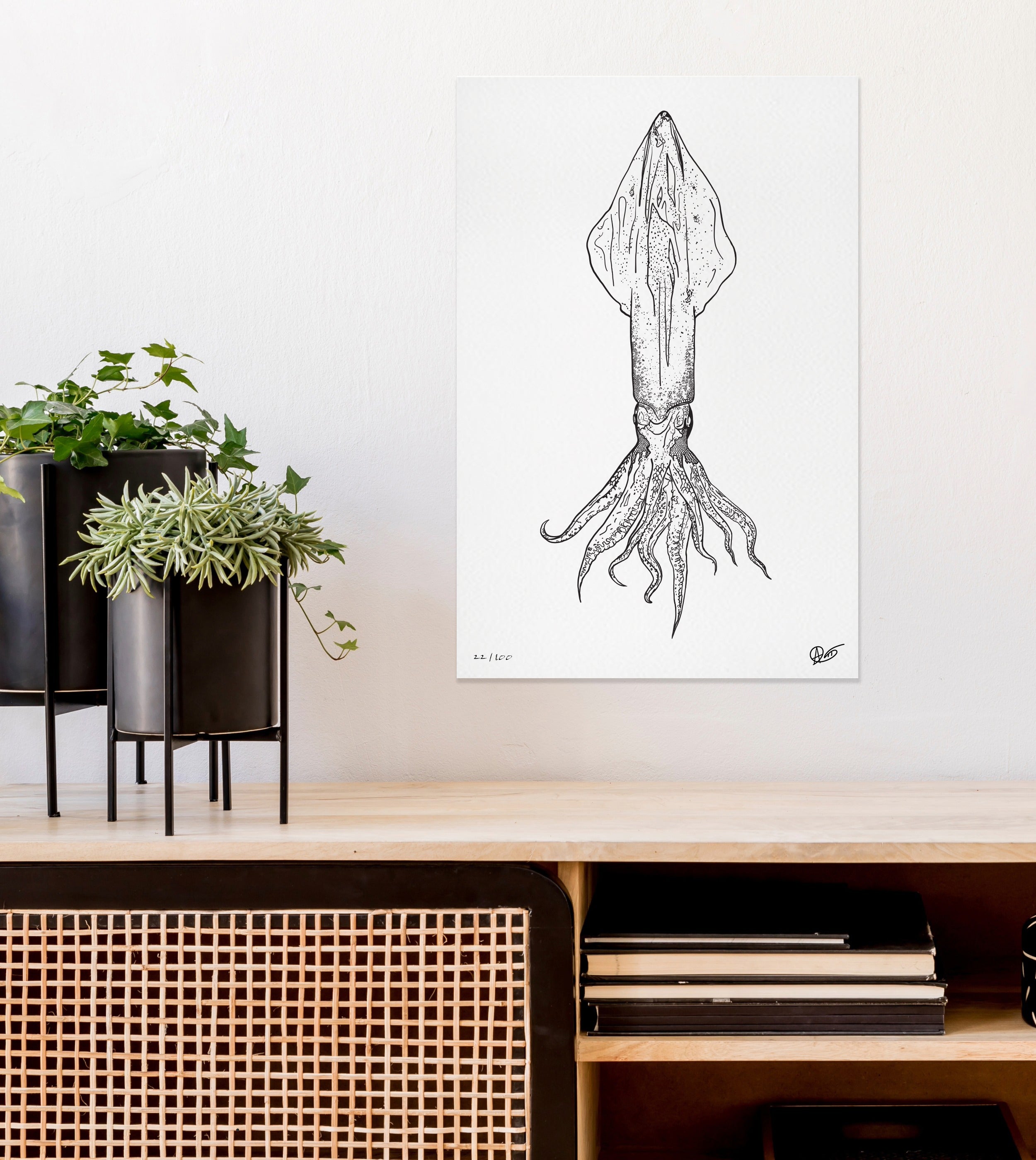 Decorative wall art of a squid on a white wall above a wooden shelf with plants and books.