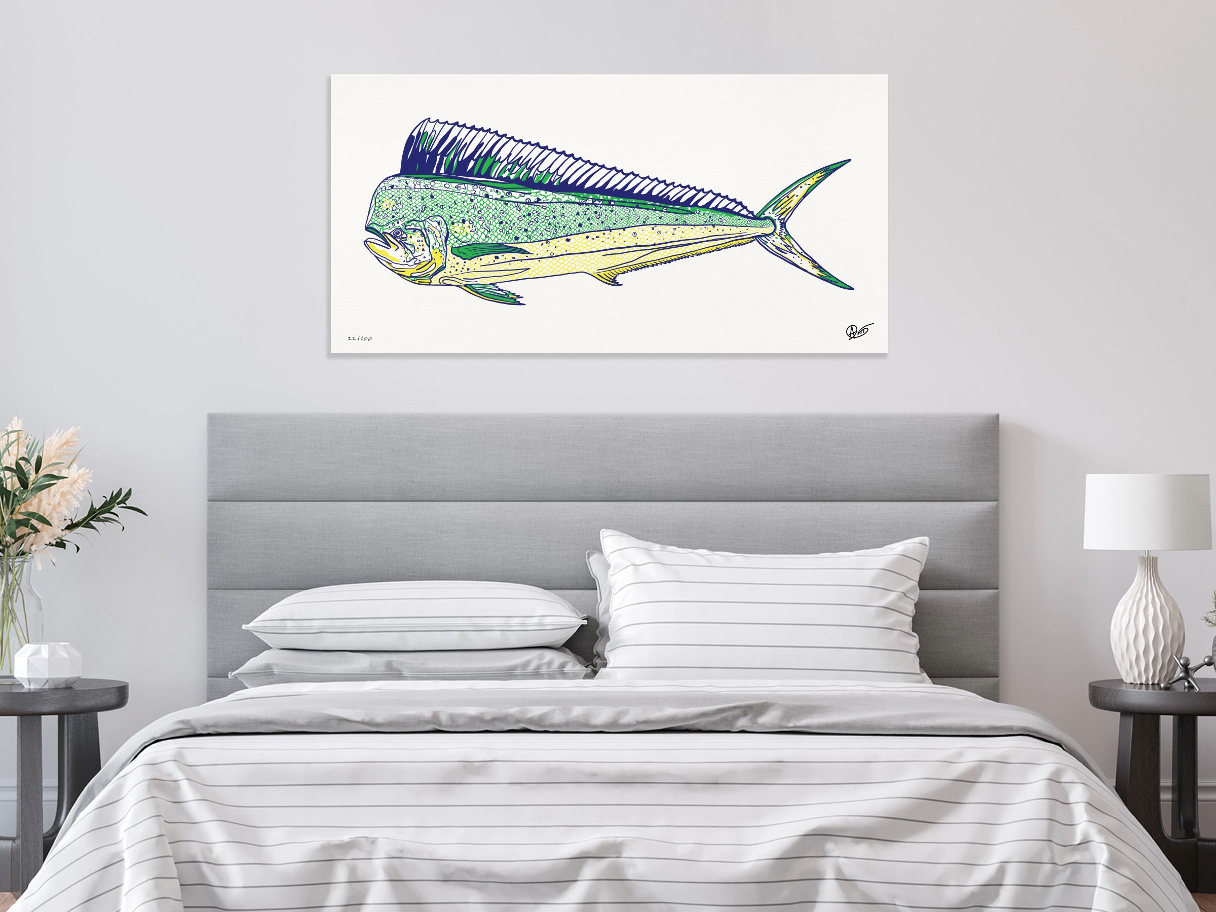 Dorado canvas print on a wall above a bed in a bedroom setting