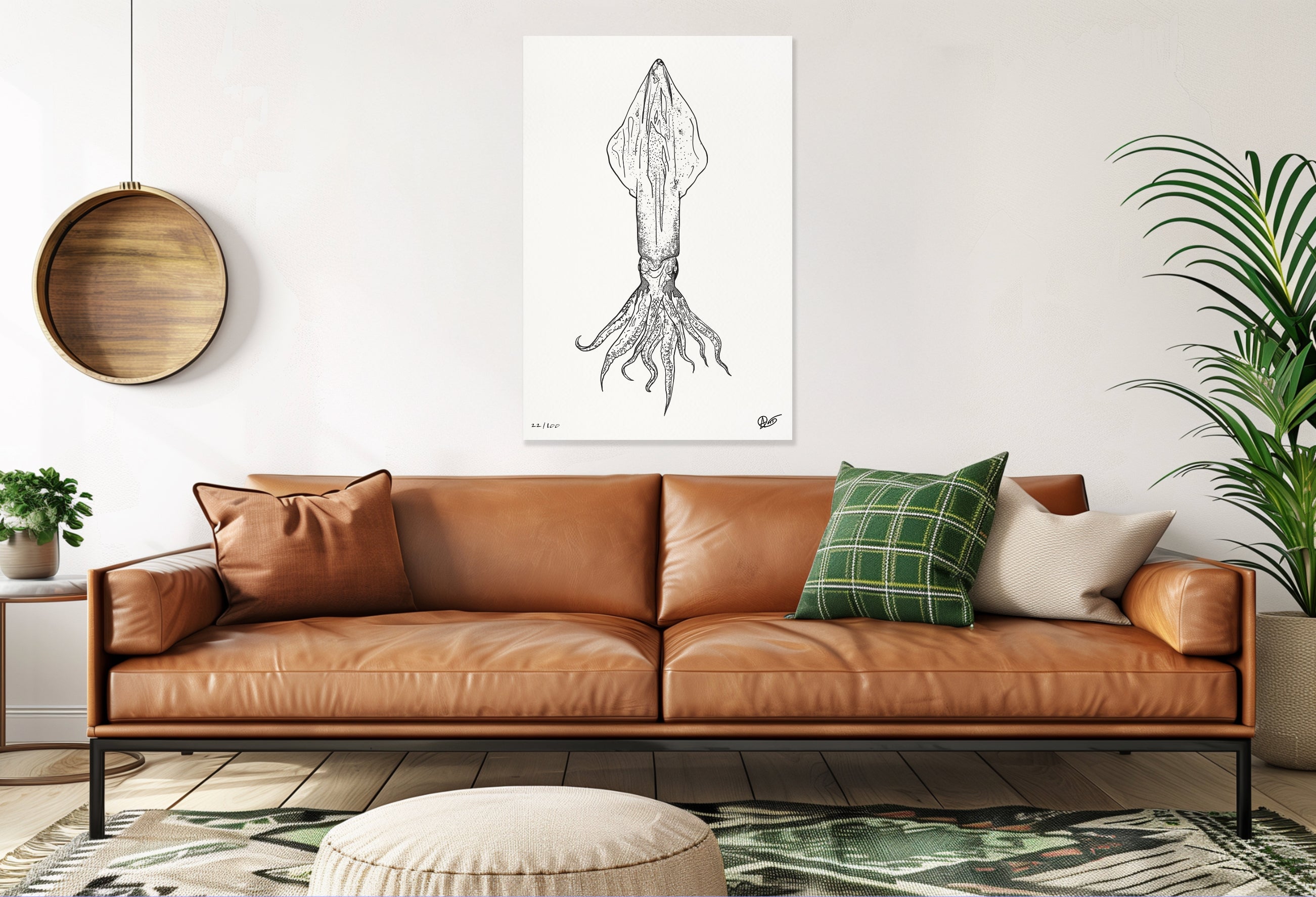 Living room setting, featuring a plant and squid art