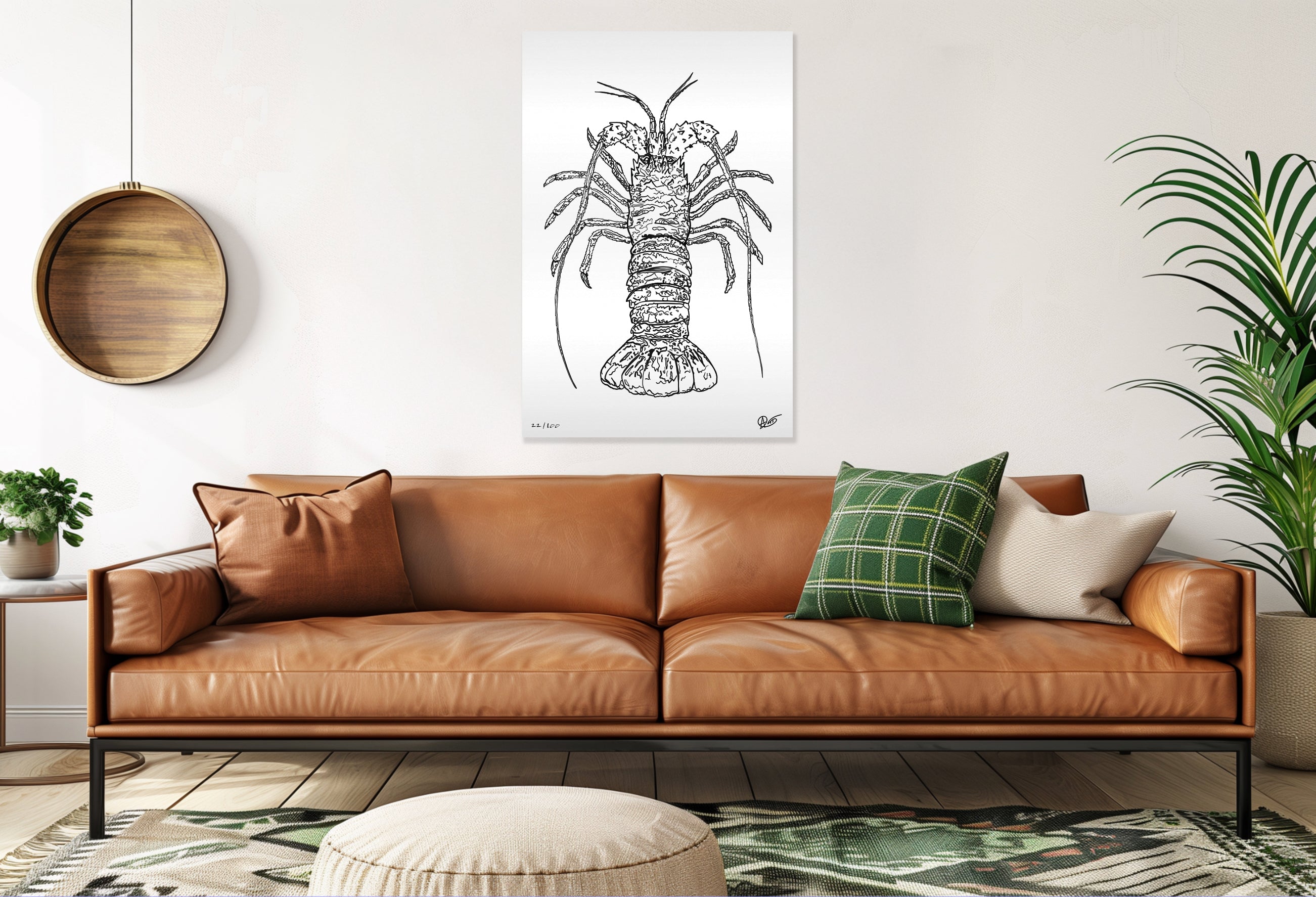 Brown leather sofa in a living room with a decorative painting of a spiny lobster on the wall.