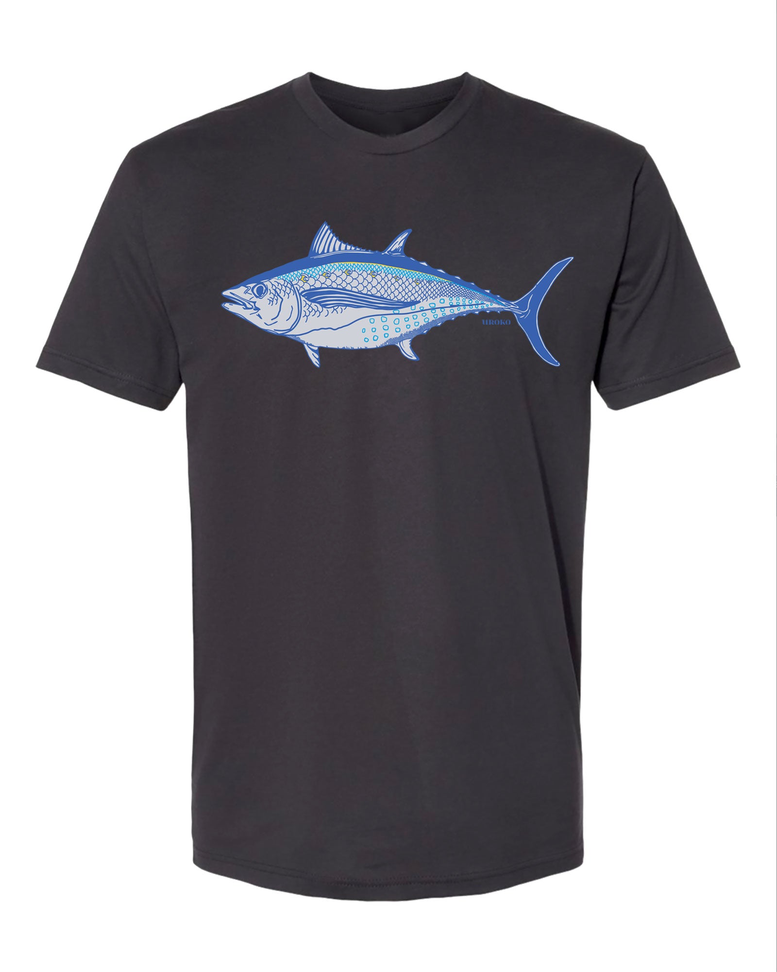 Black t-shirt with a blue falbacore illustration on a white background