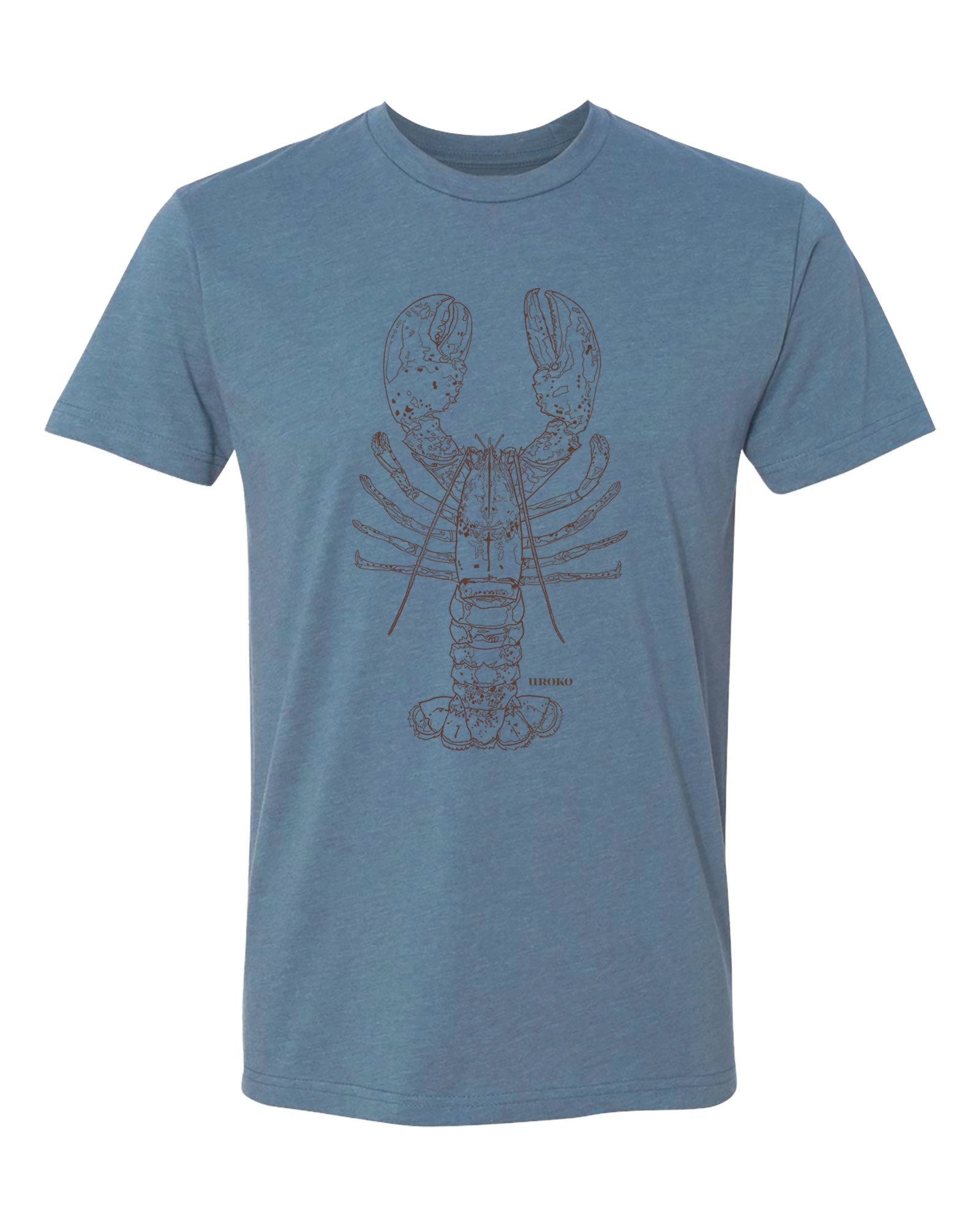 Blue t-shirt with a lobster graphic on a white background