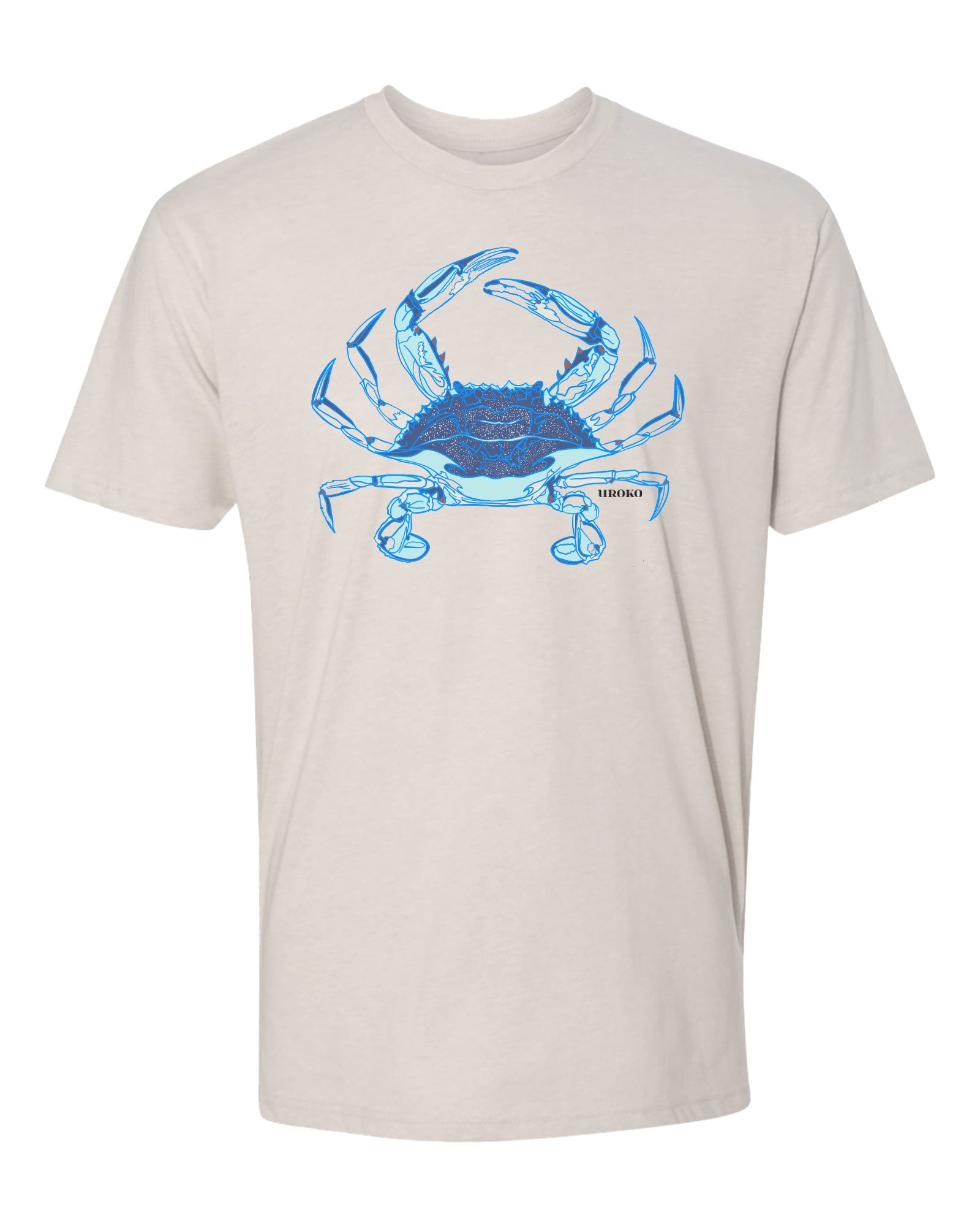 Beige t-shirt with a blue crab graphic on a white background