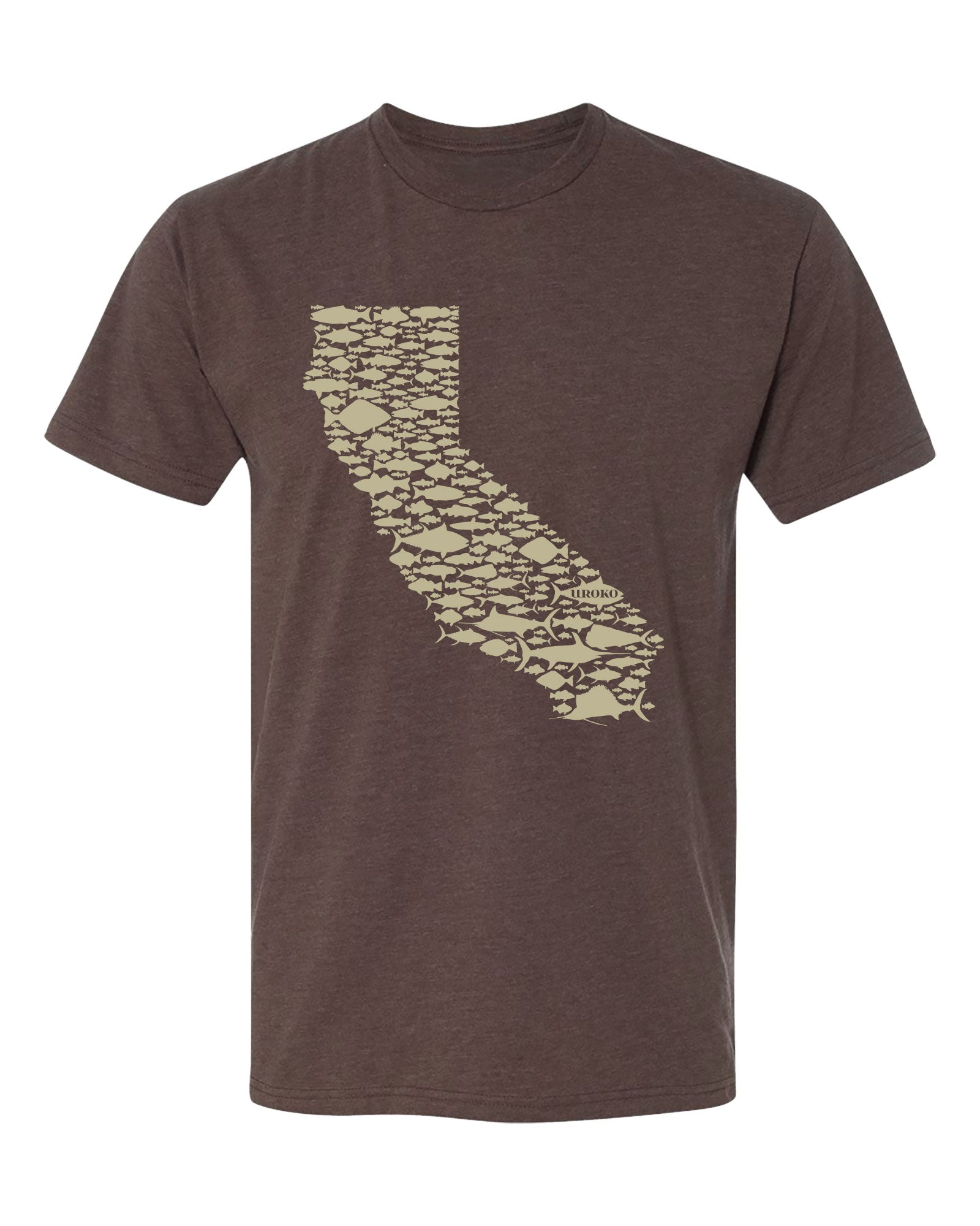 Brown t-shirt with beige California state outline  fish design on a white background