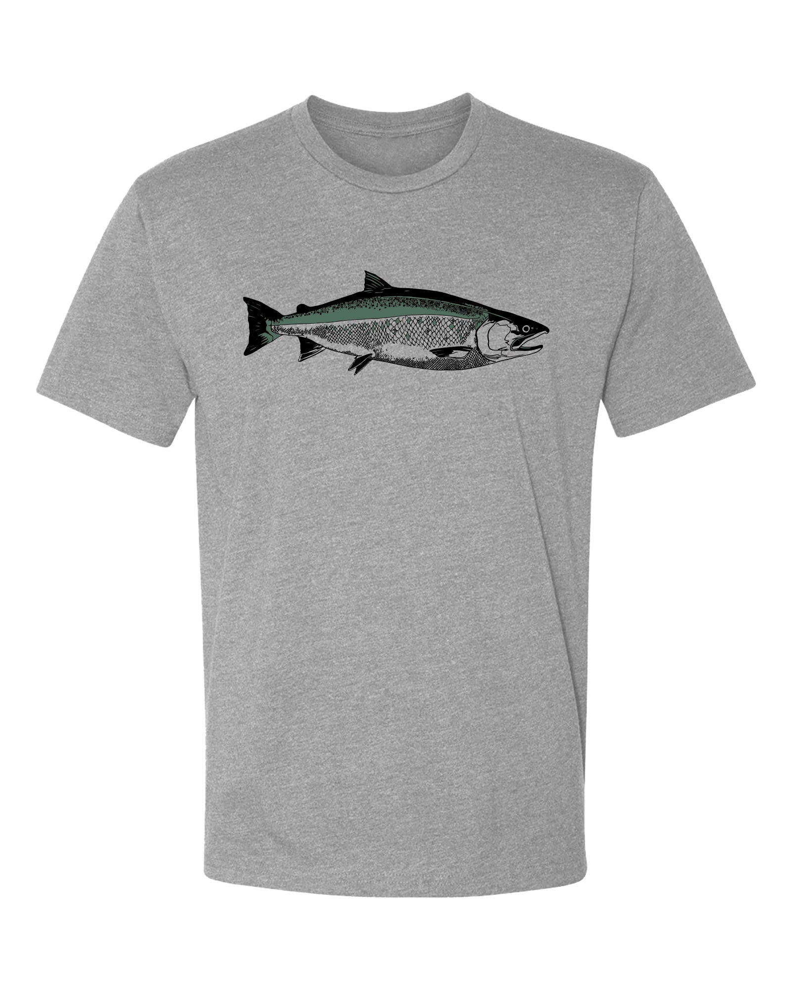 Gray t-shirt with a coho salmon on a white background
