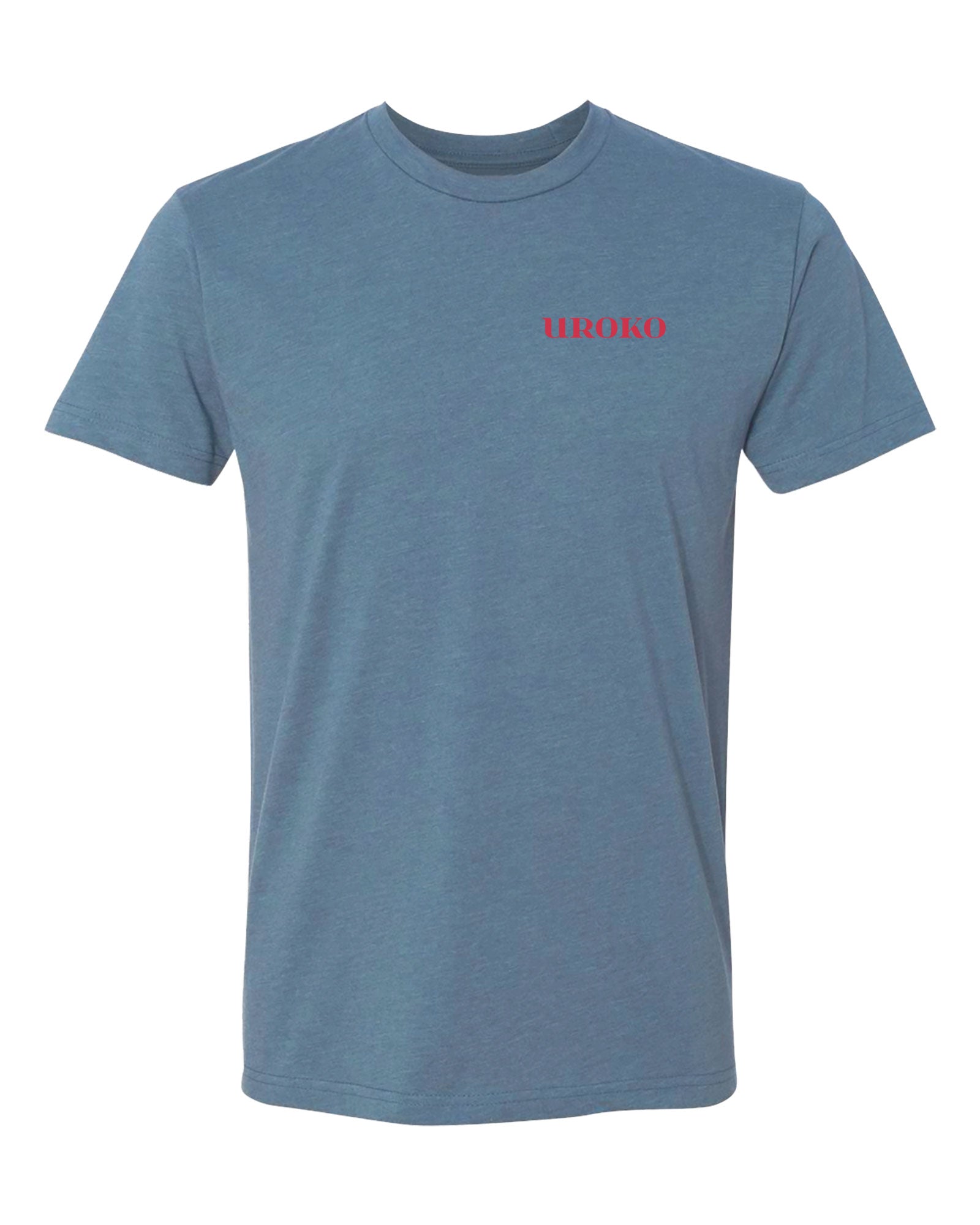 Blue t-shirt with a red uroko on a white background