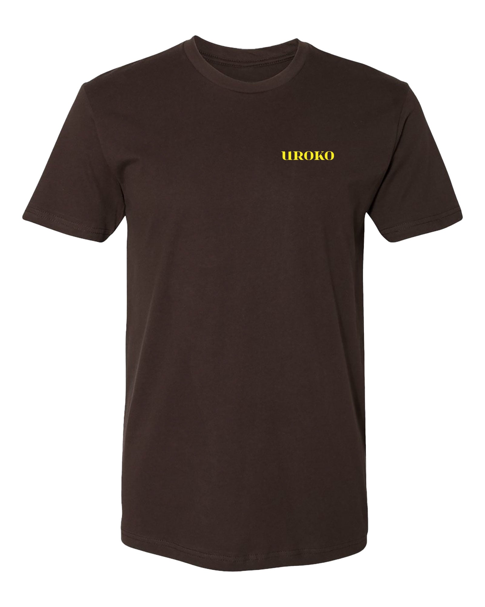 Brown t-shirt with 'UROKO' logo on a white background