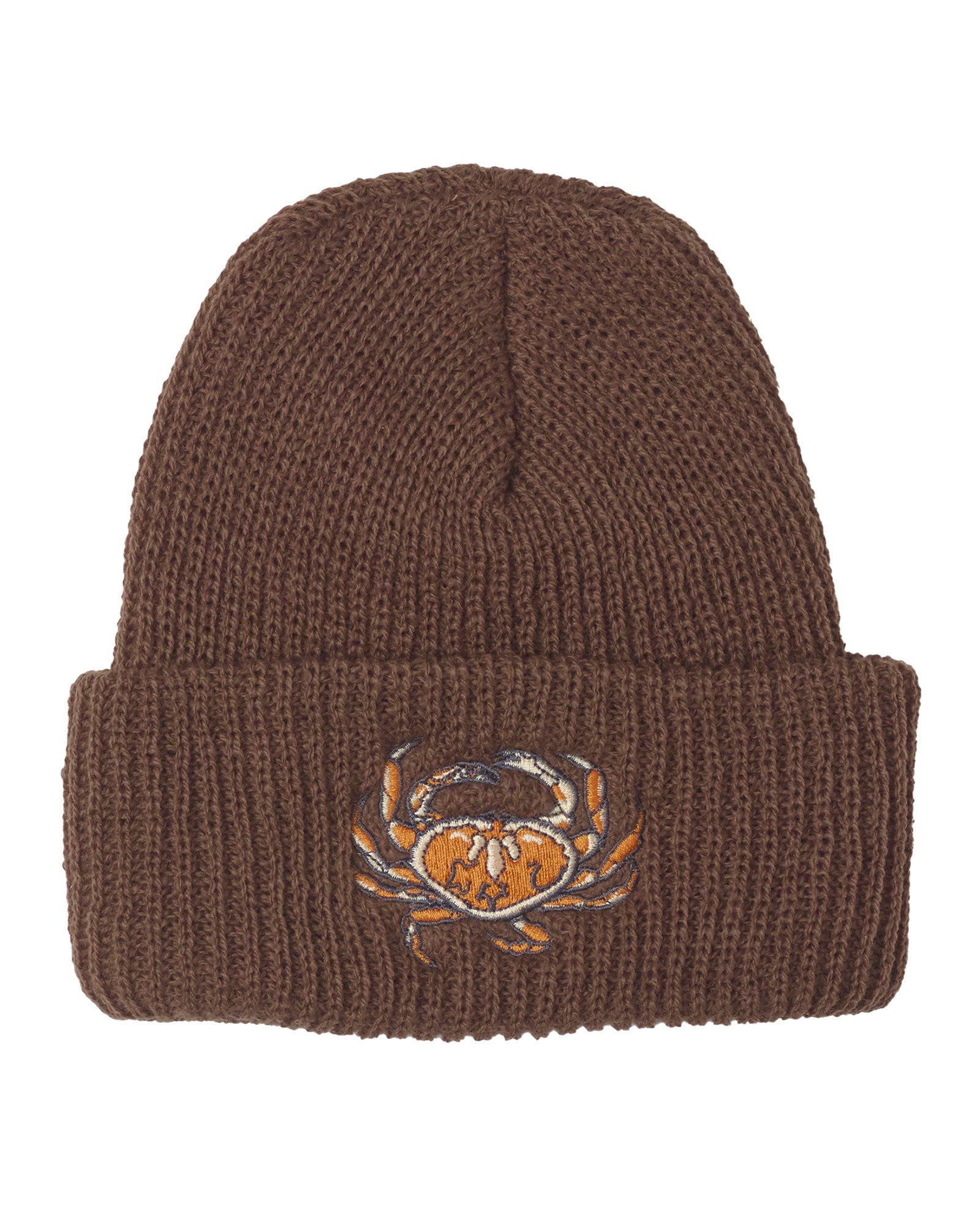 Brown knit beanie with dungenous crab emblem on a white background