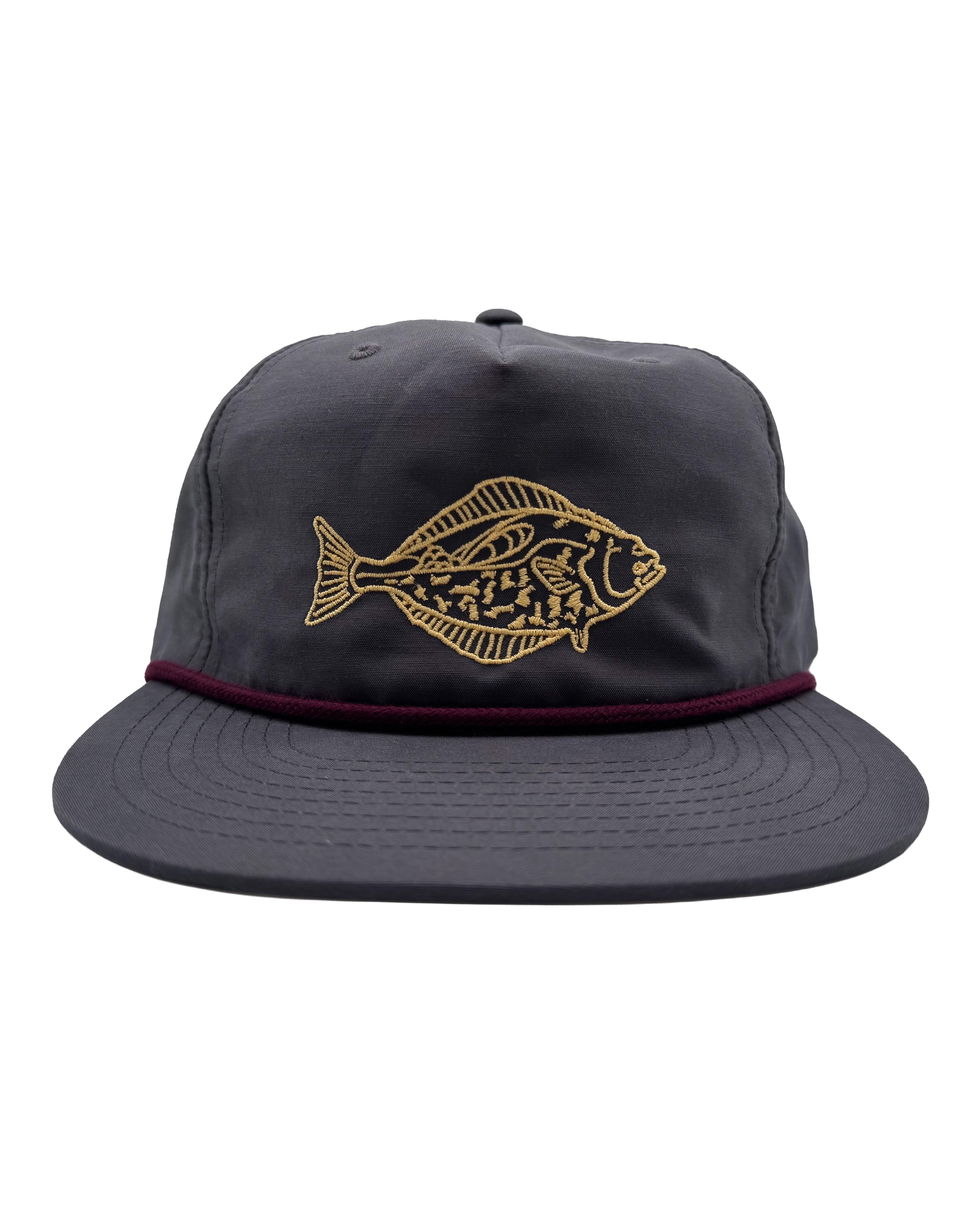 Gray cap with a Halibut design on a white background