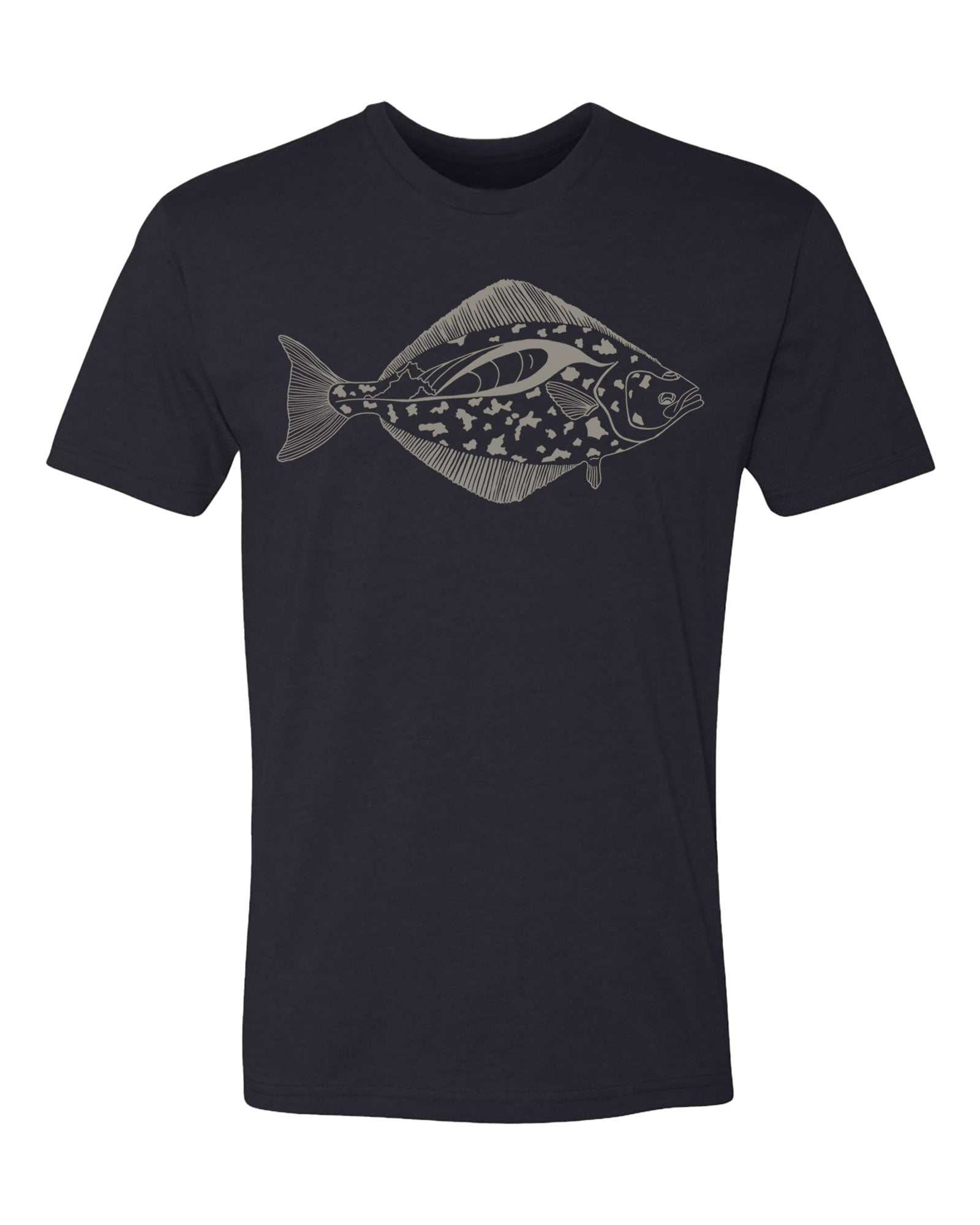 Black t-shirt with a halibut on a white background