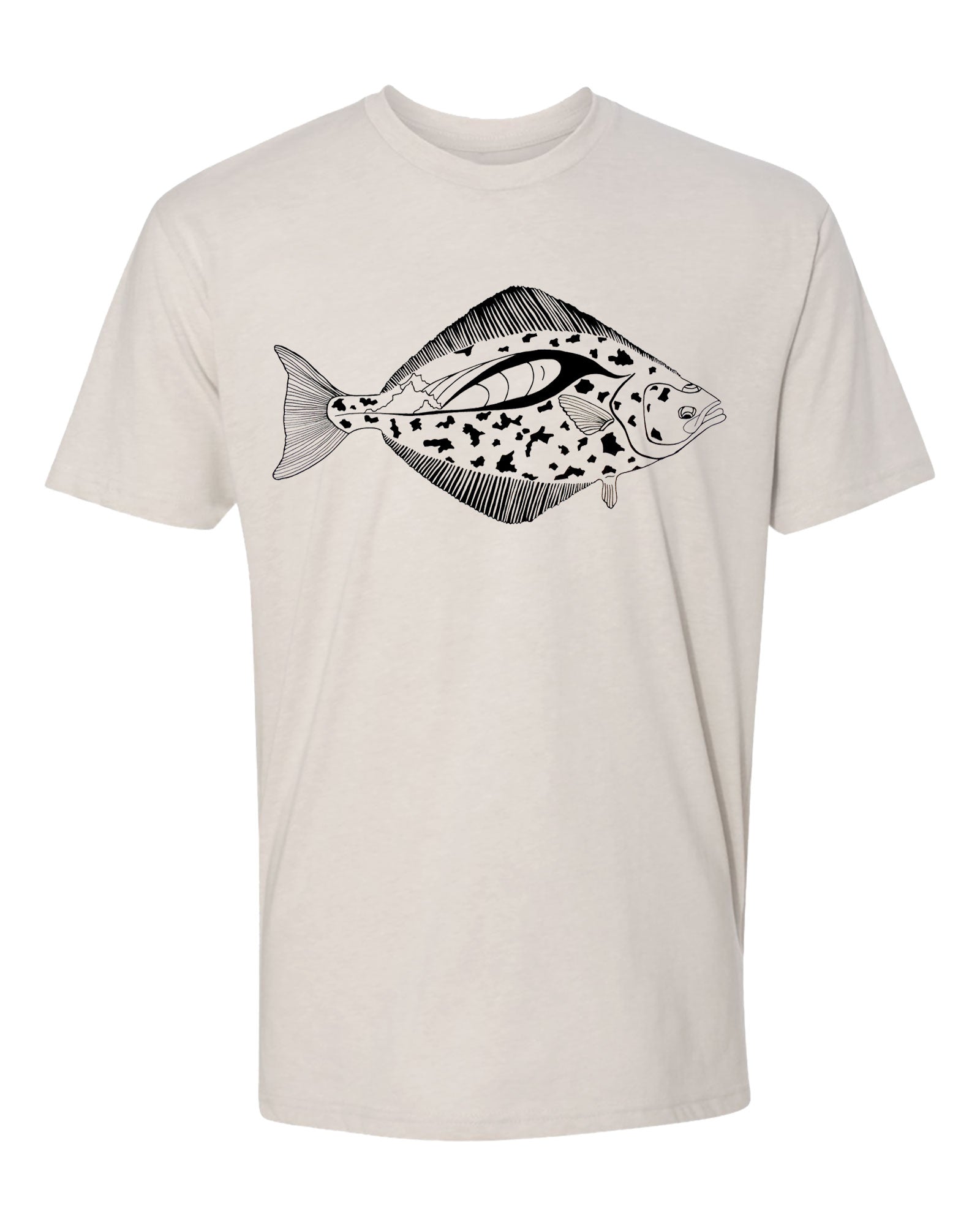Beige t-shirt with a black and white halibut design on a white background