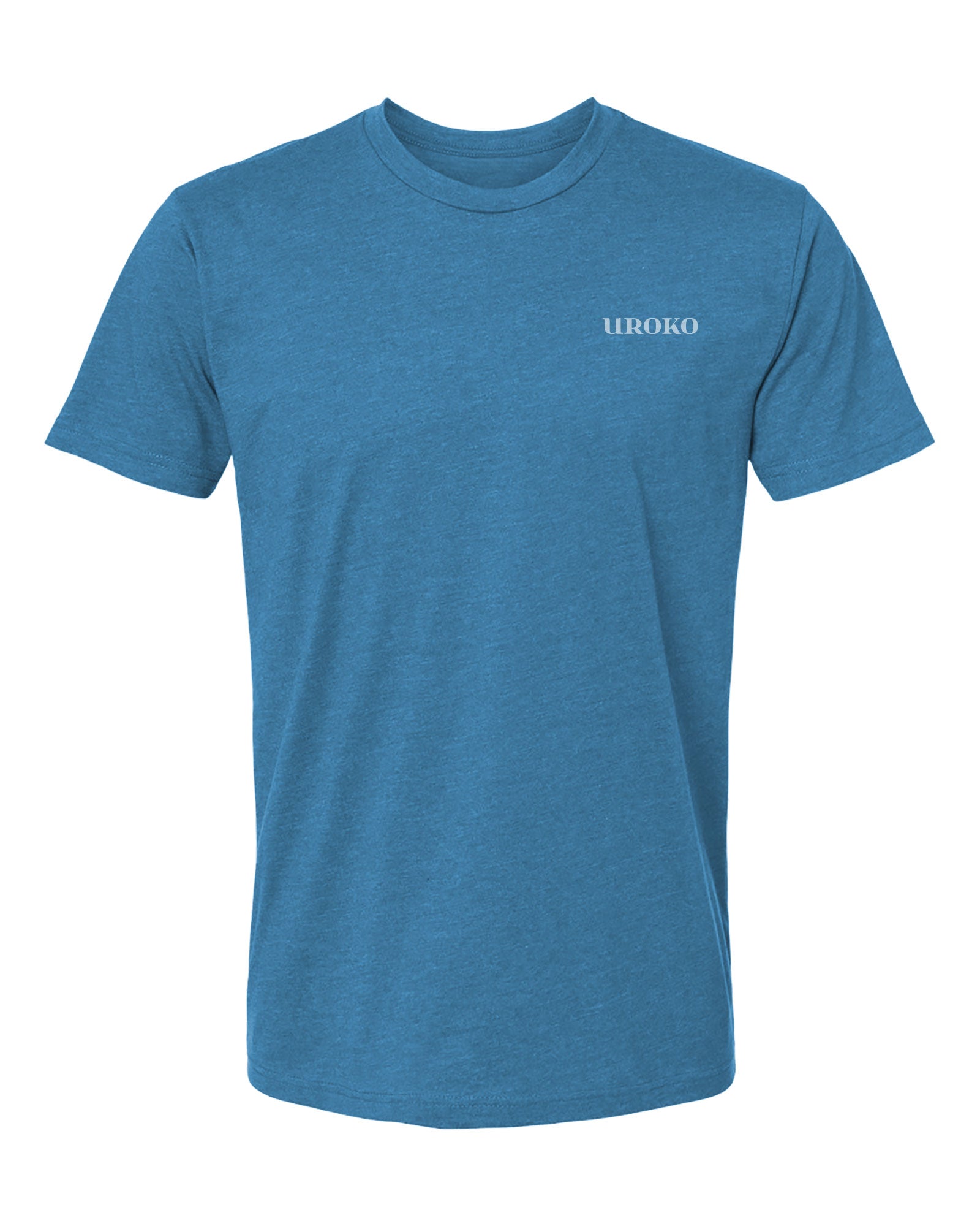 Blue t-shirt with 'UROKO' logo on a white background