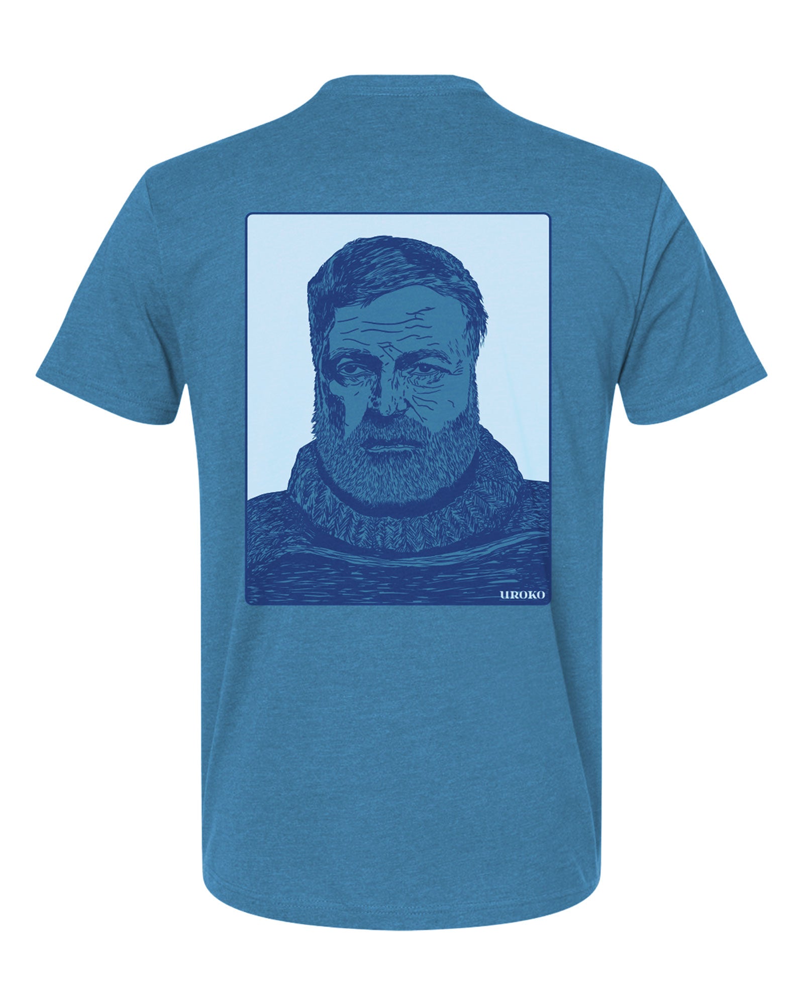 Blue t-shirt with a graphic of Ernest Hemingway on the back, on a white background