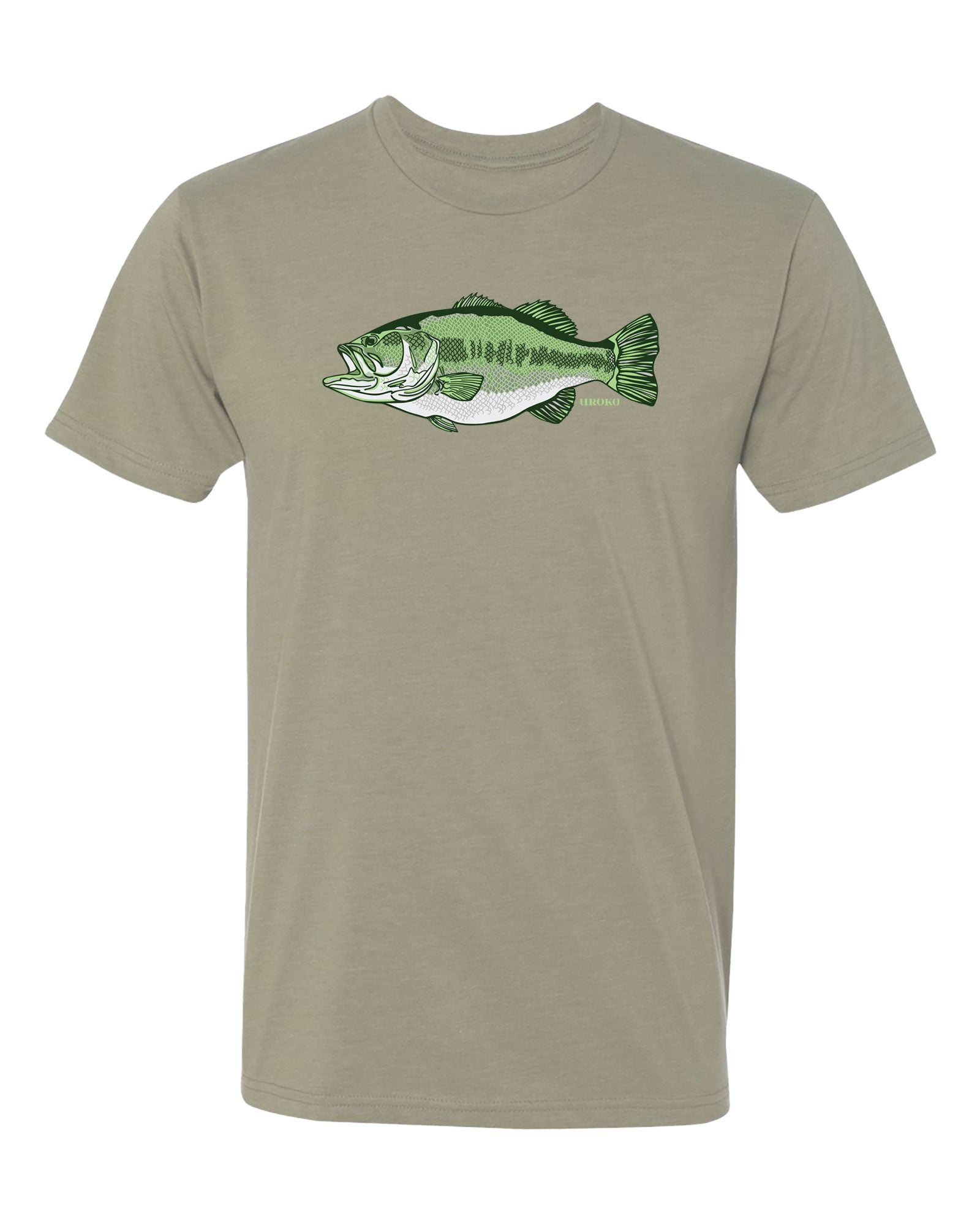 Beige t-shirt with a largemouth bass graphic on a white background