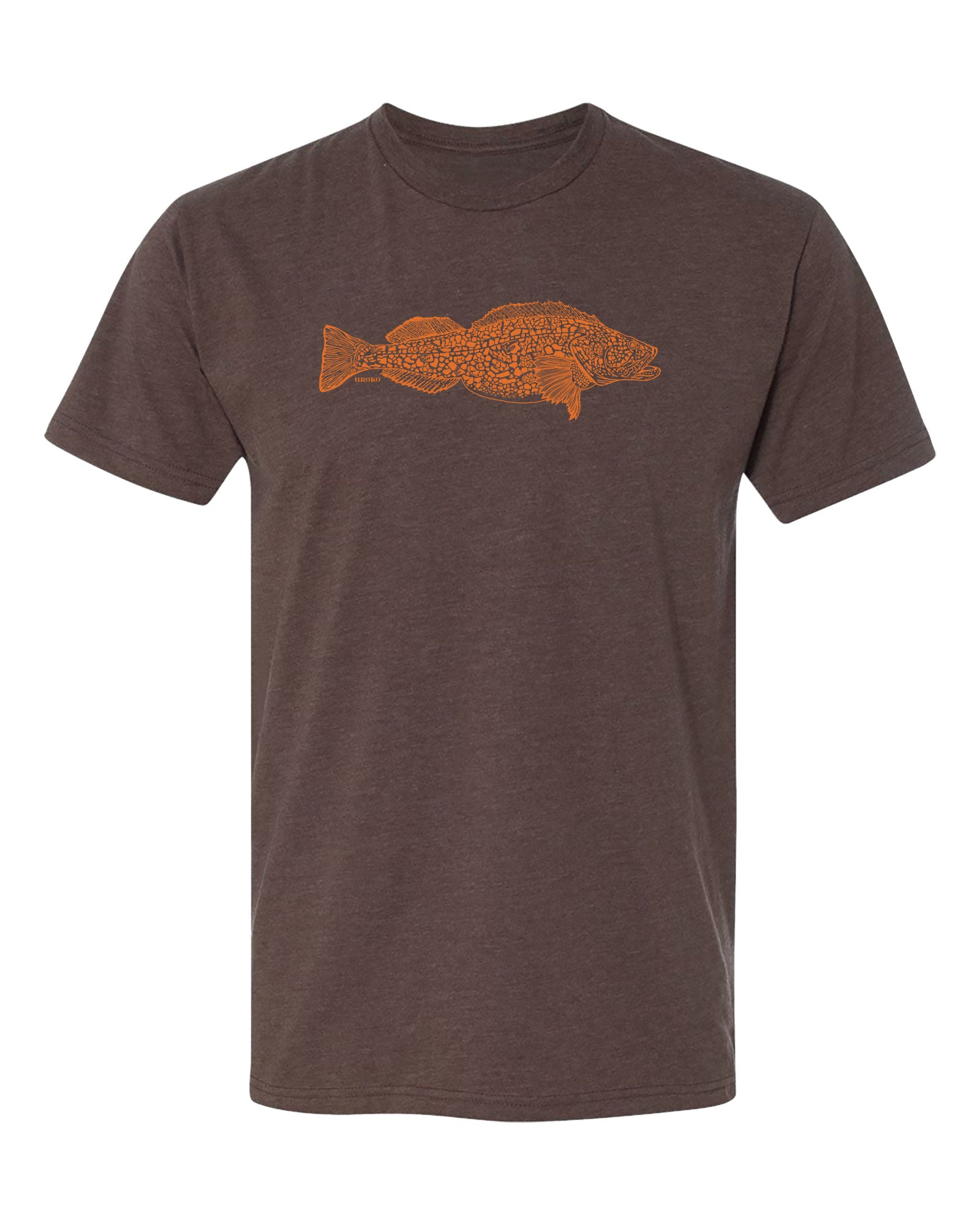 Brown t-shirt with a lingcod on a white background