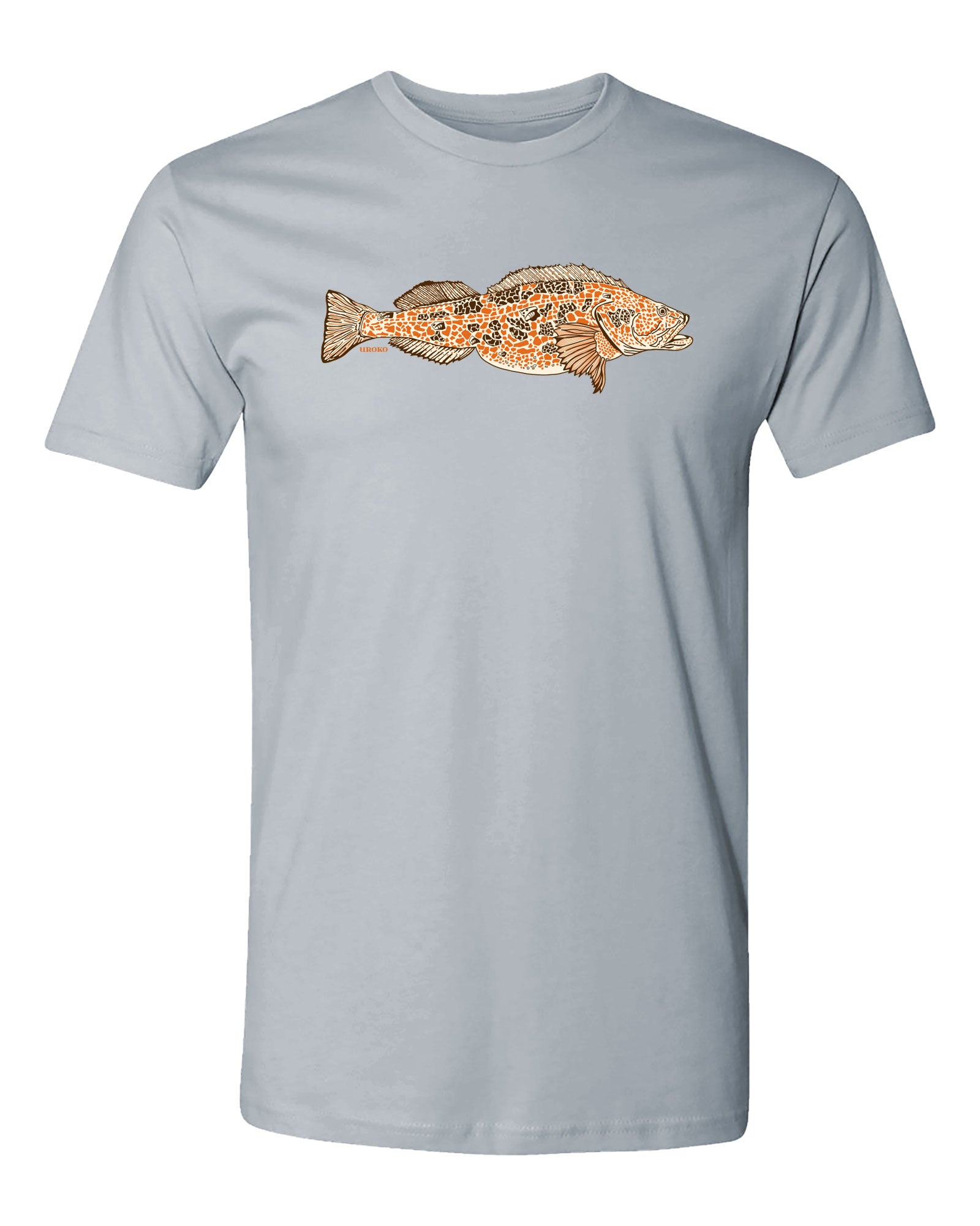 Gray t-shirt with a lingcod graphic on a white background