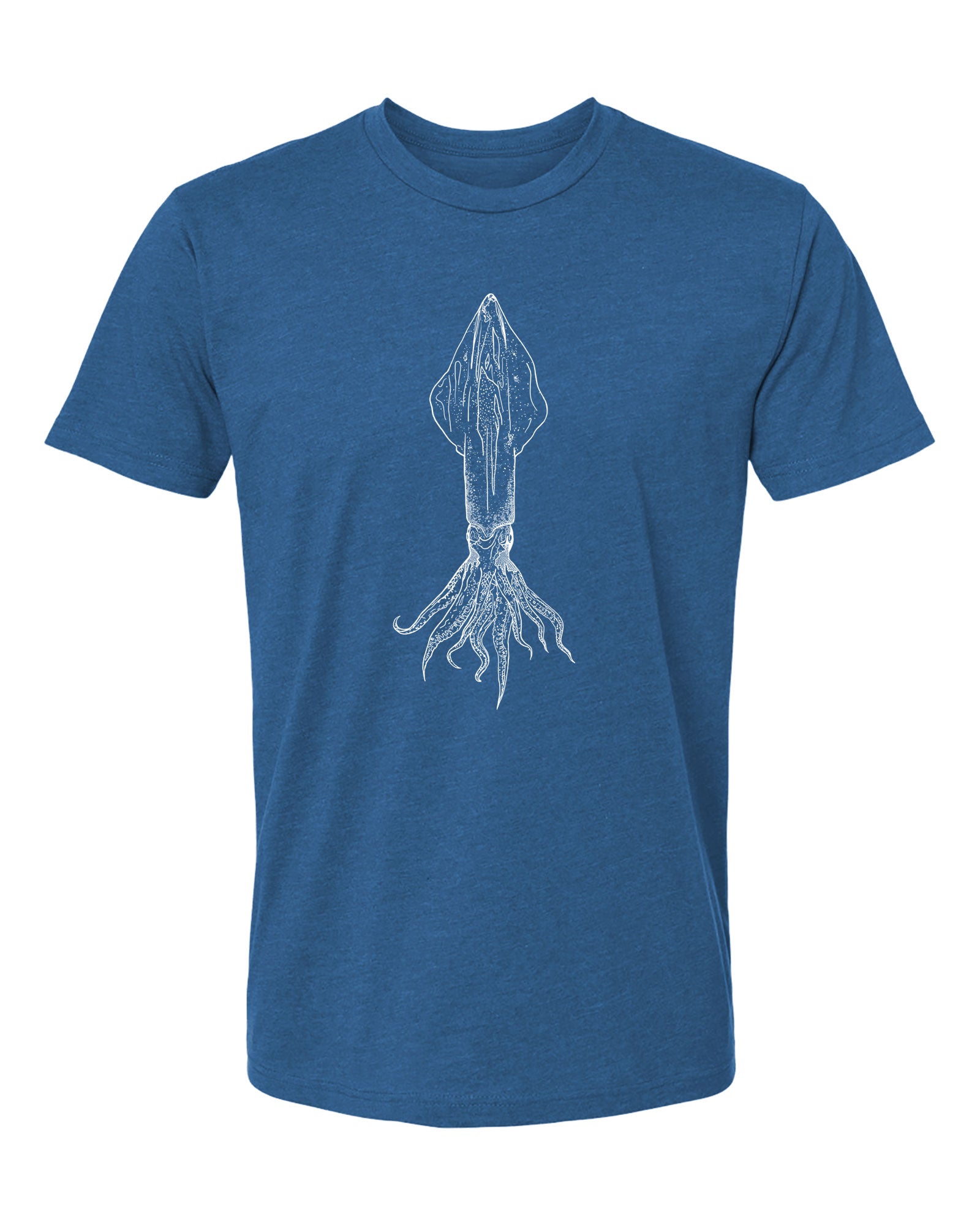 Blue t-shirt with a white squid graphic on a white background