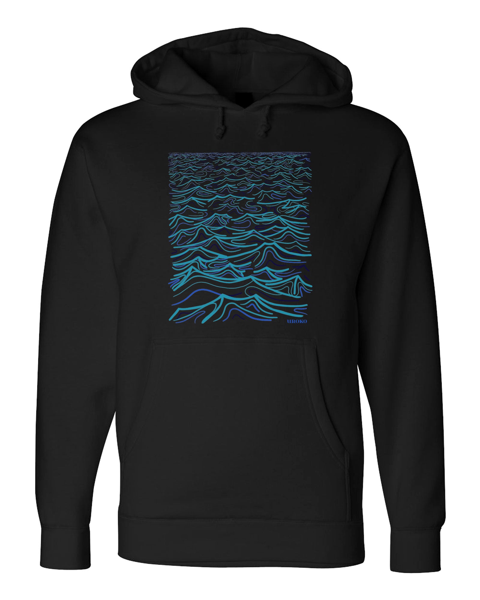 Black hoodie with blue wave design on a white background