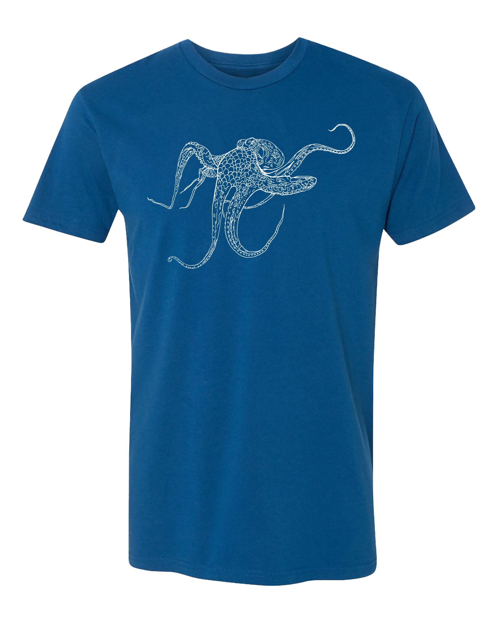 Blue t-shirt with a white octopus design on a white background