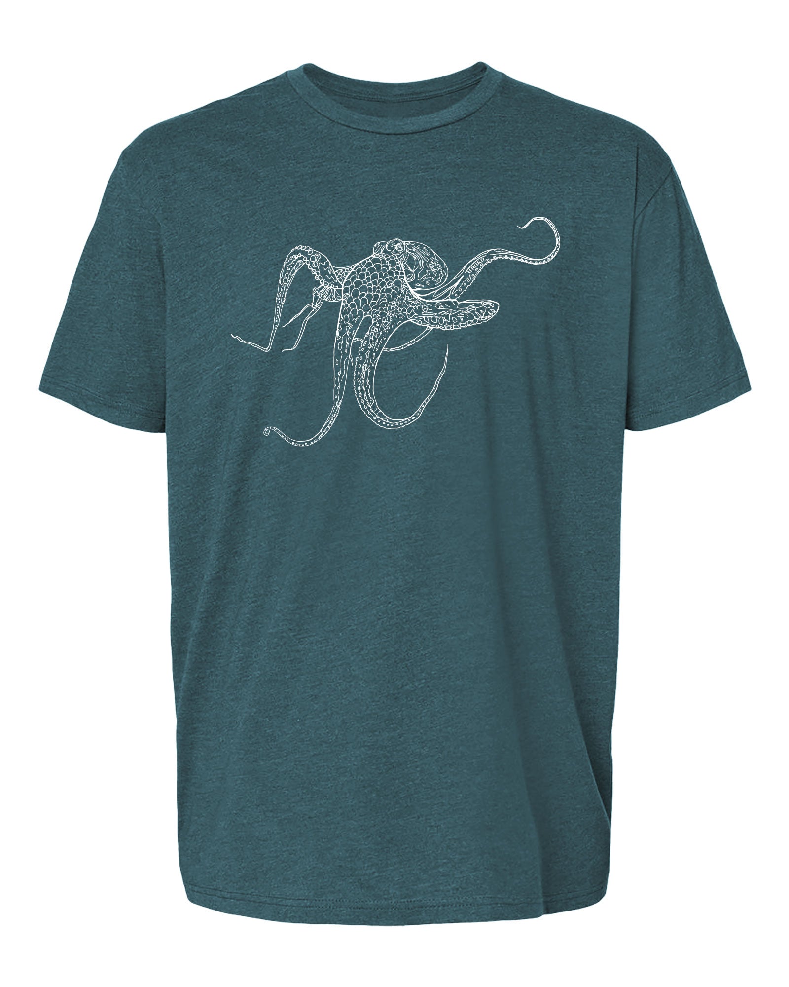 Teal t-shirt with a white octopus design on a white background