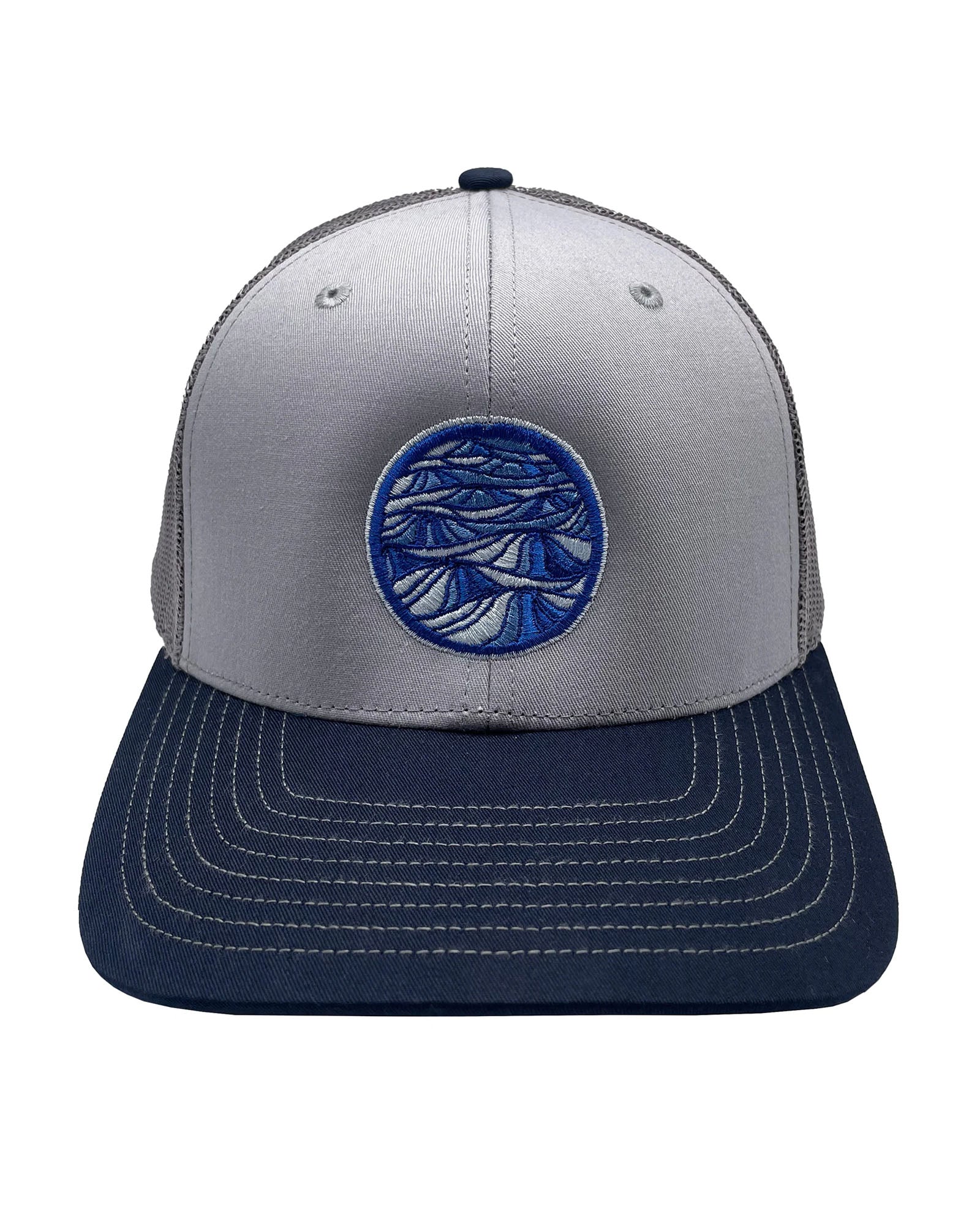 Gray and navy cap with a blue circular wave patch on a white background