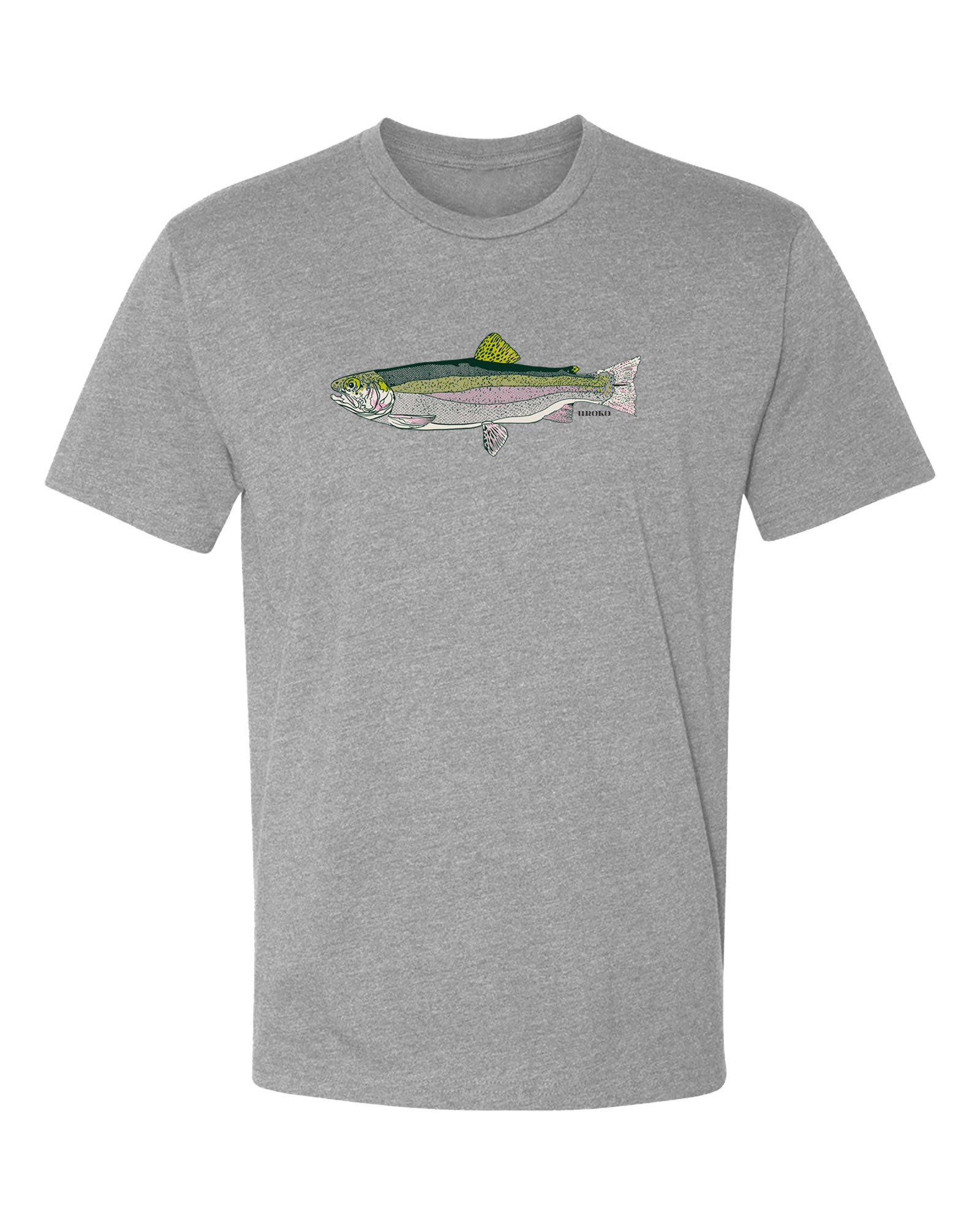 Gray t-shirt with a rainbow trout on a white background