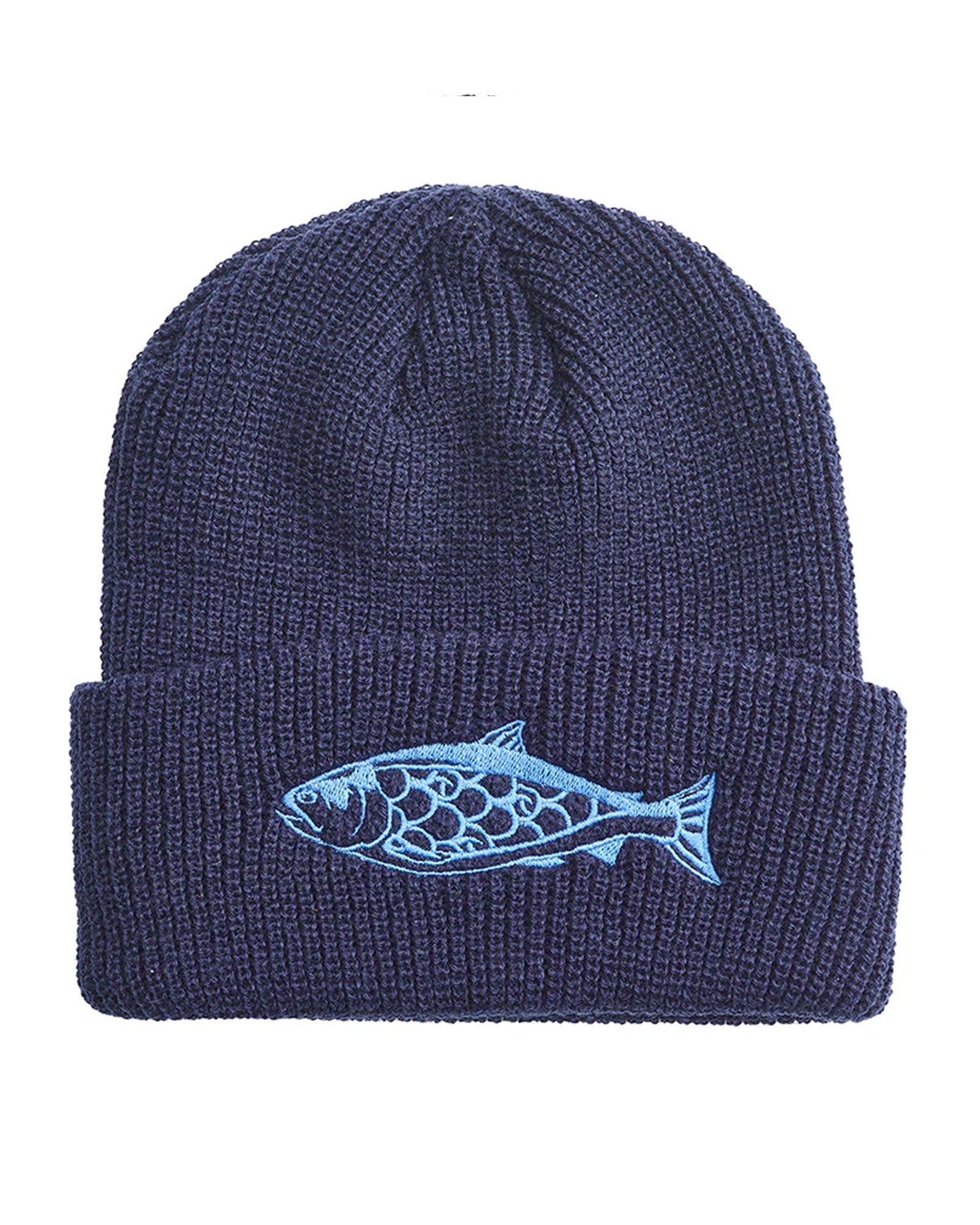 Navy blue knit beanie with a salmon design on a white background
