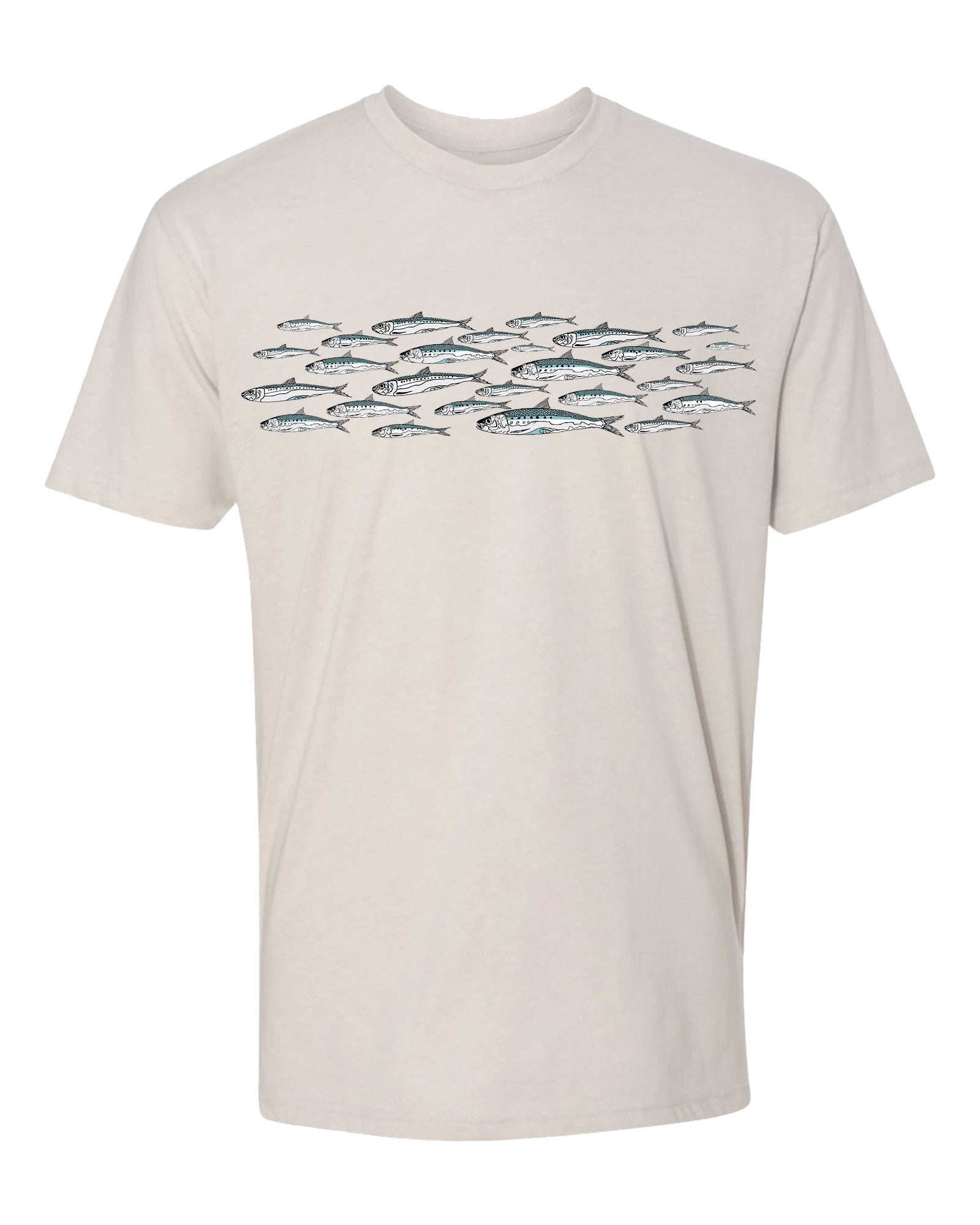 Beige t-shirt with sardine pattern on a white background