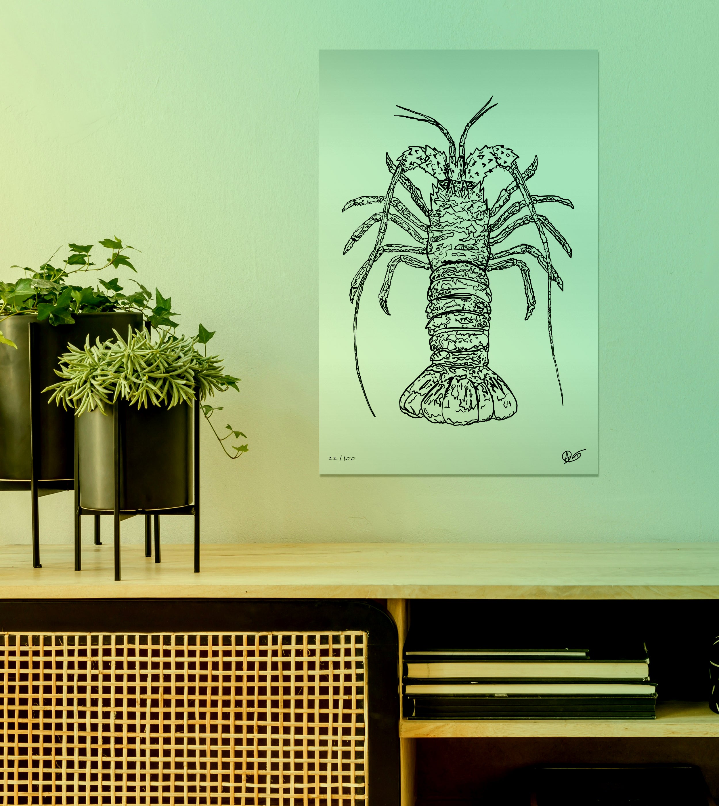 Spiny lobster print with a green gradient