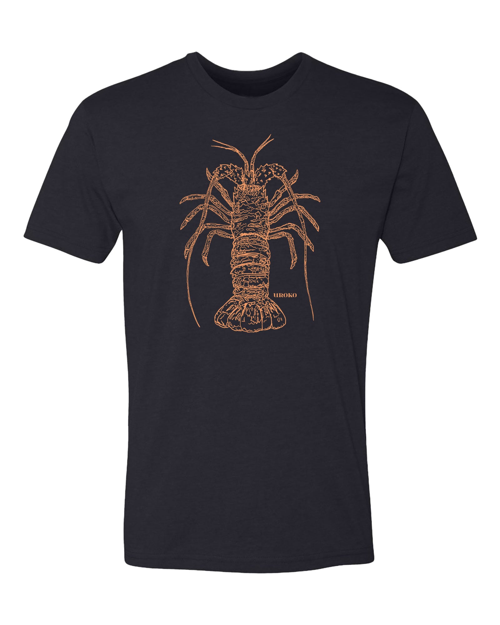 Black t-shirt with a spiny lobster graphic on a white background