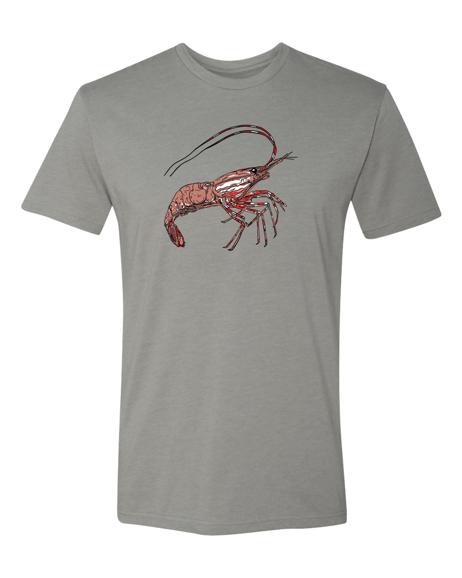 Gray t-shirt with a spotted prawn graphic on a white background