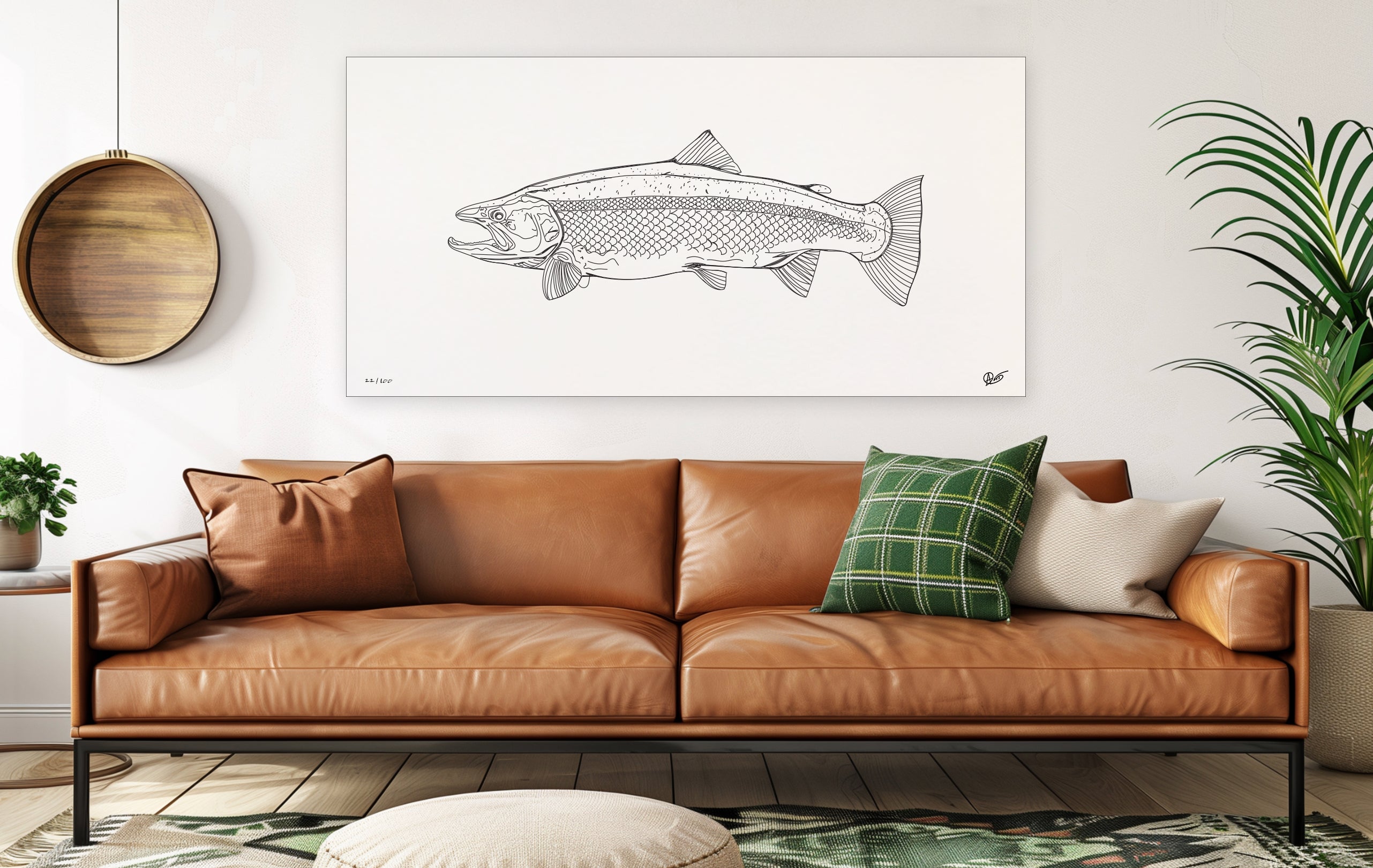 Limited edition steelhead canvas print in a large livingroom