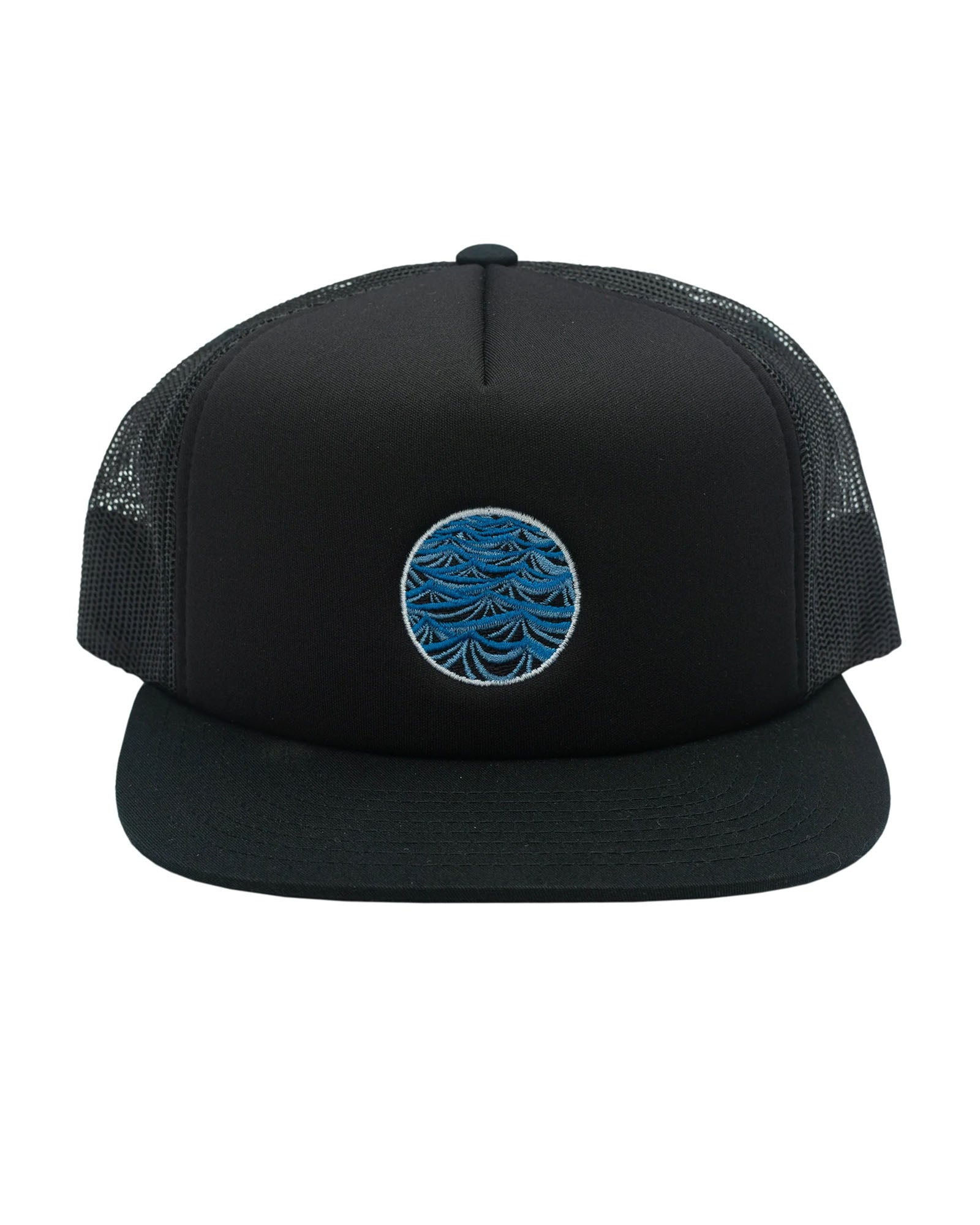 Black trucker cap with blue circular design on a white background