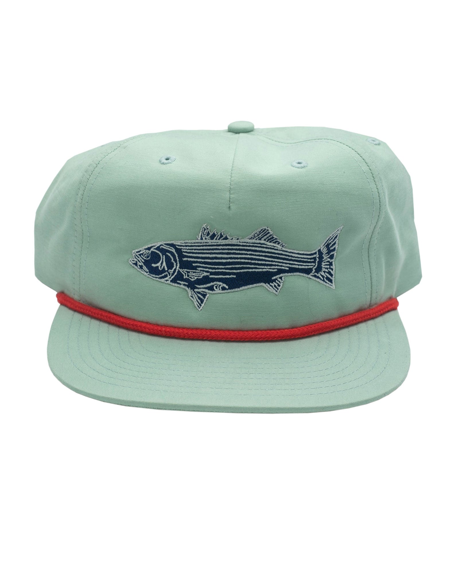 Striped Bass on a Classic Unstructured Hat in Seafoam w/ Red Rope Detail