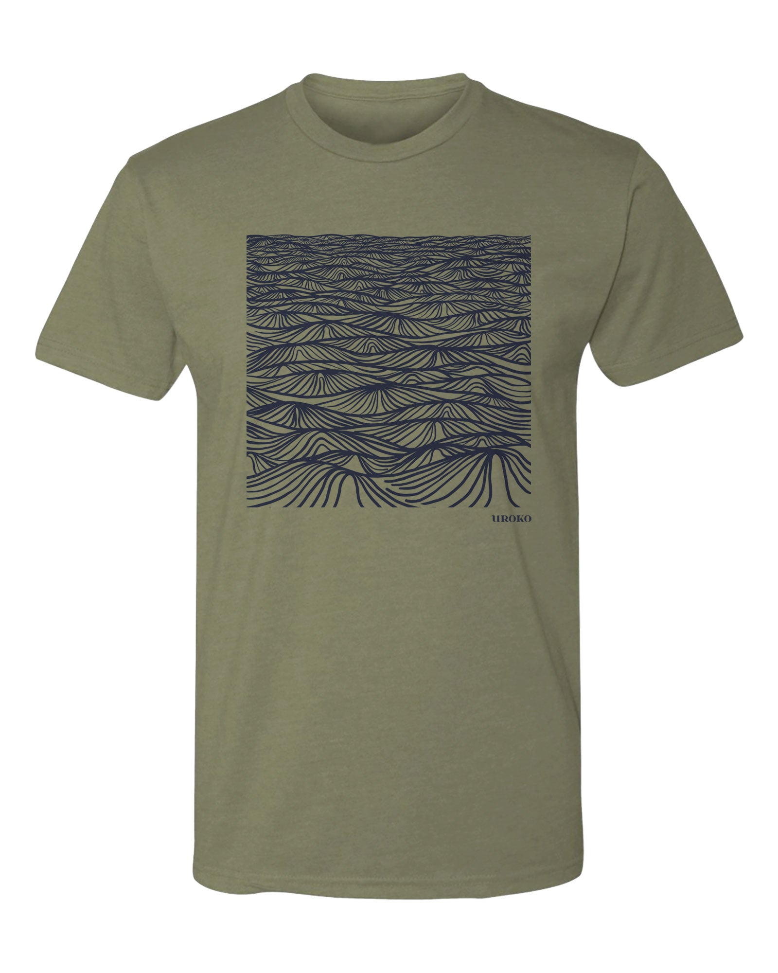 Green t-shirt with a ocean swell graphic on a white background