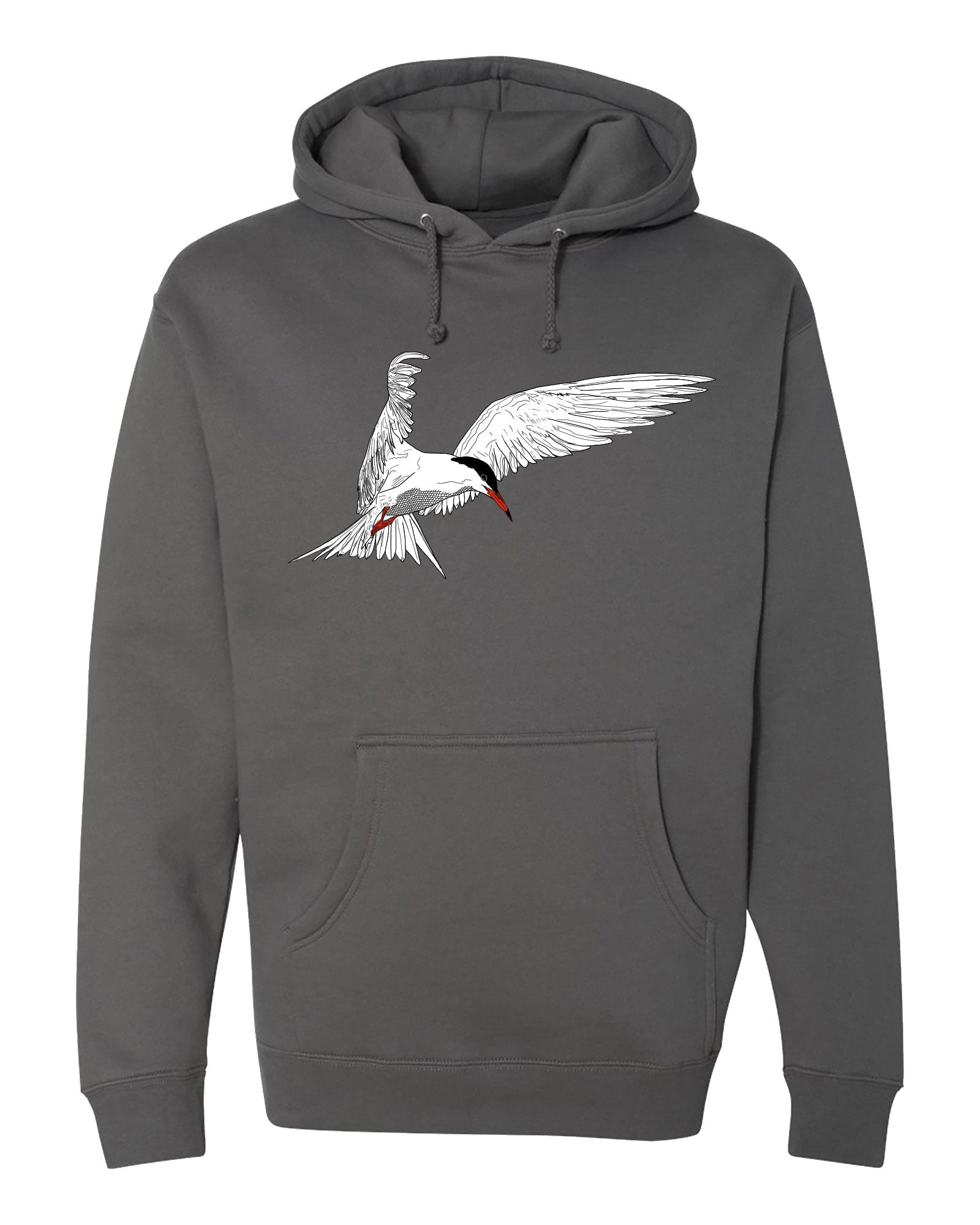 Gray hoodie with a tern graphic on a white background