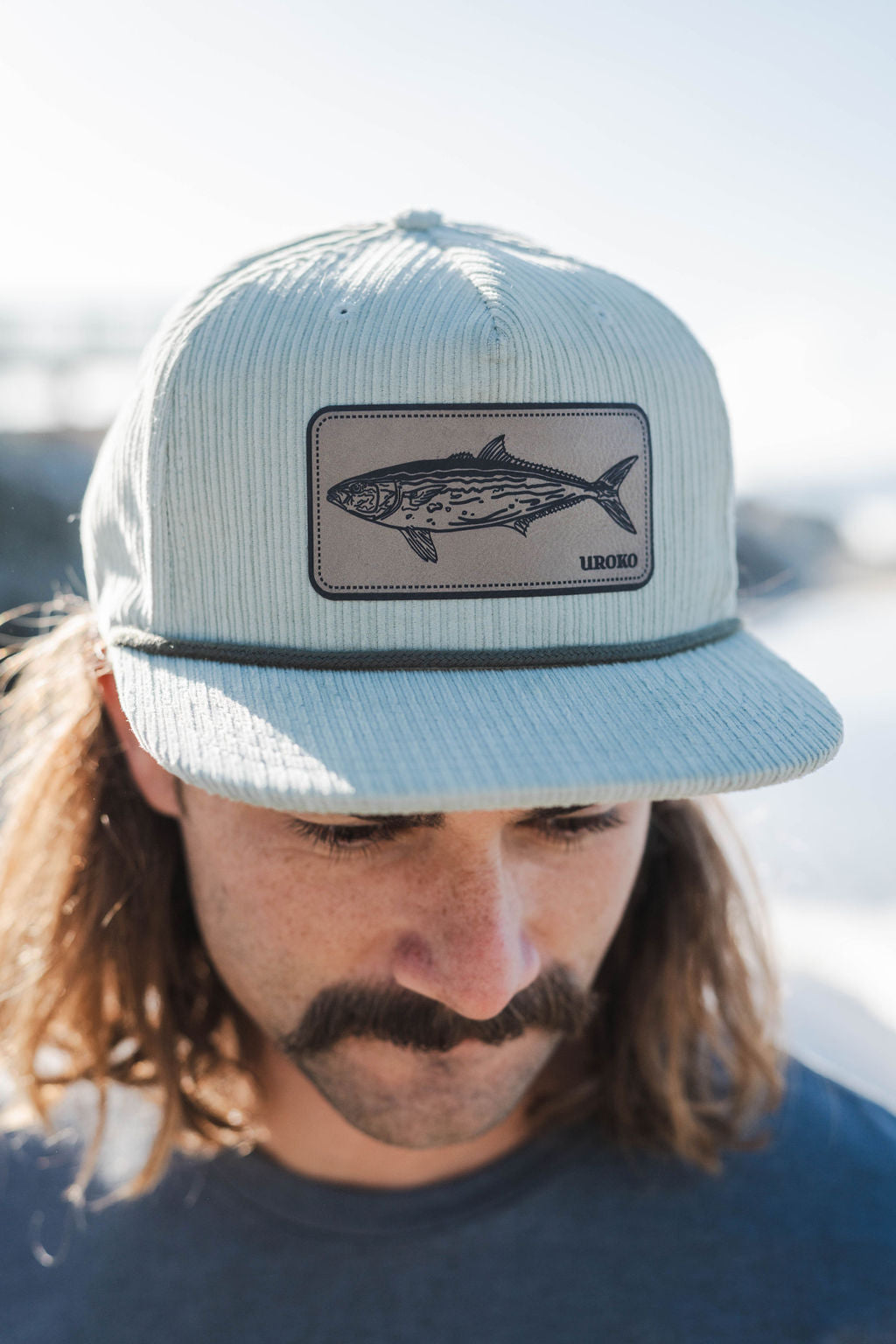 Yellowtail Wale Corduroy Structured Grandpa Hat in Washed Green with Moss Rope Detail