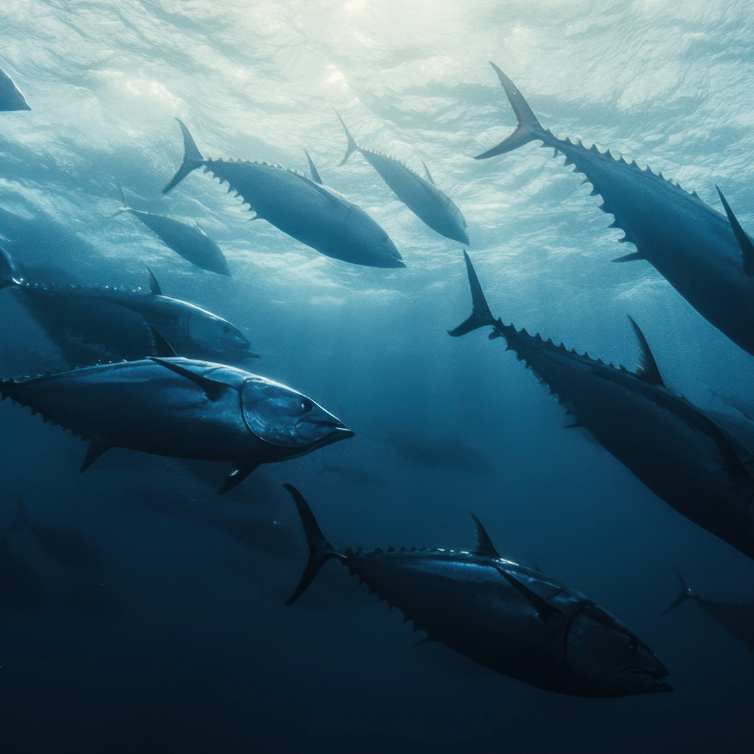 School of tuna swimming in the ocean with sunlight filtering through the water.