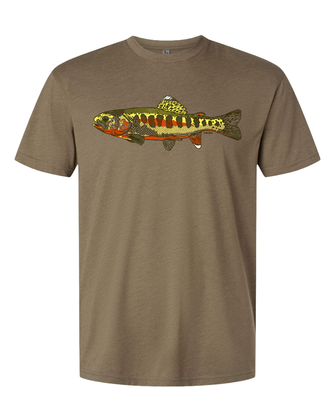 A brown short-sleeve crewneck T-shirt featuring a detailed graphic of a Golden Trout on the chest.