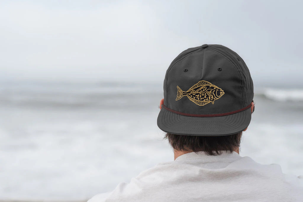 Halibut 5 Panel Structured Grandpa Hat in Grey with Maroon Rope Detail