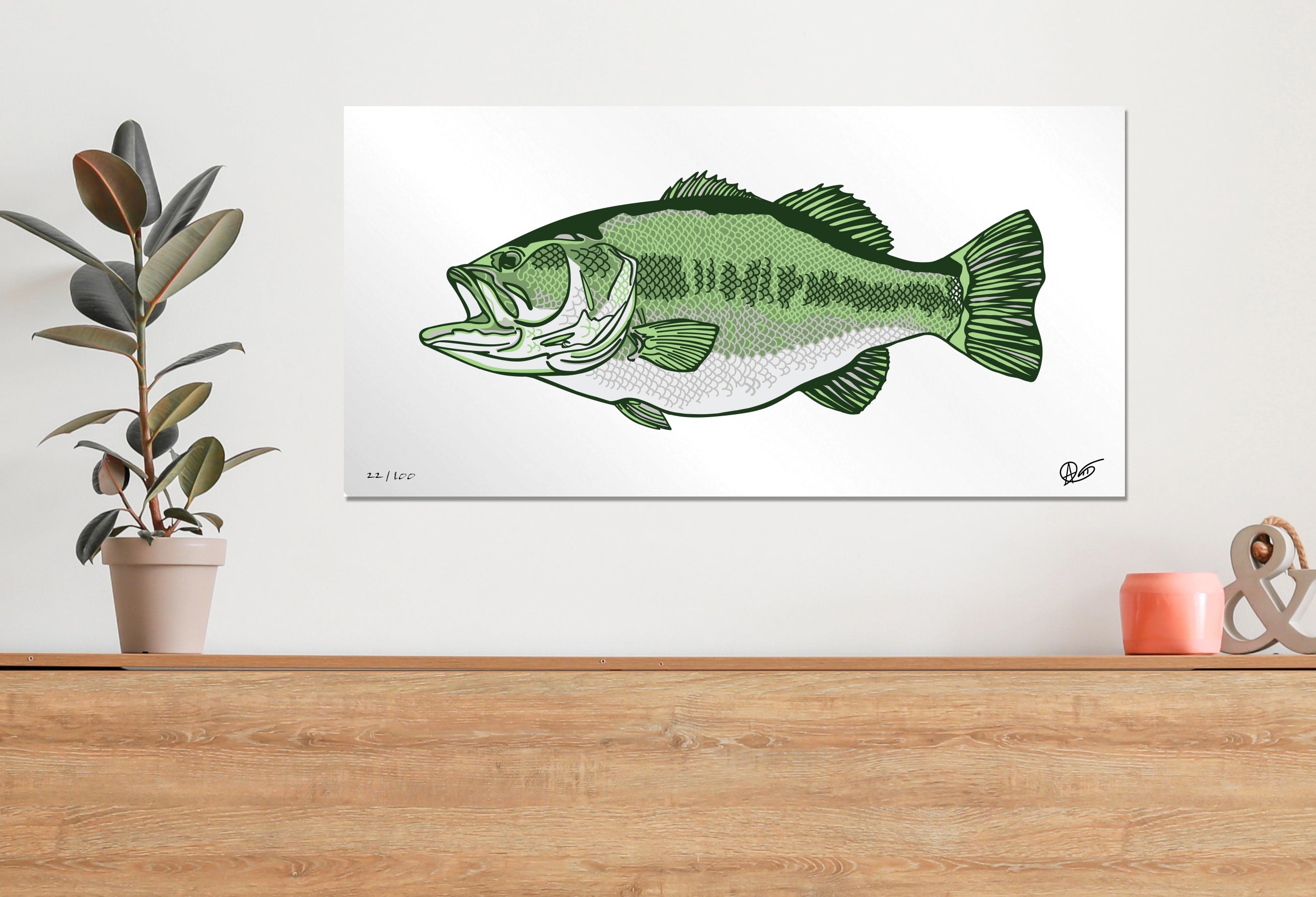 Limited edition largemouth bass metal print above a dresser