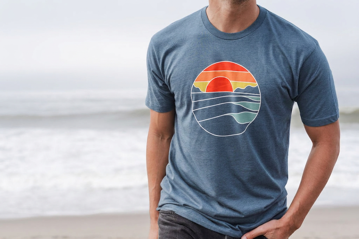 Close-up view of the screen-printed Mountain-to-Sea graphic on the front chest of the indigo t-shirt.